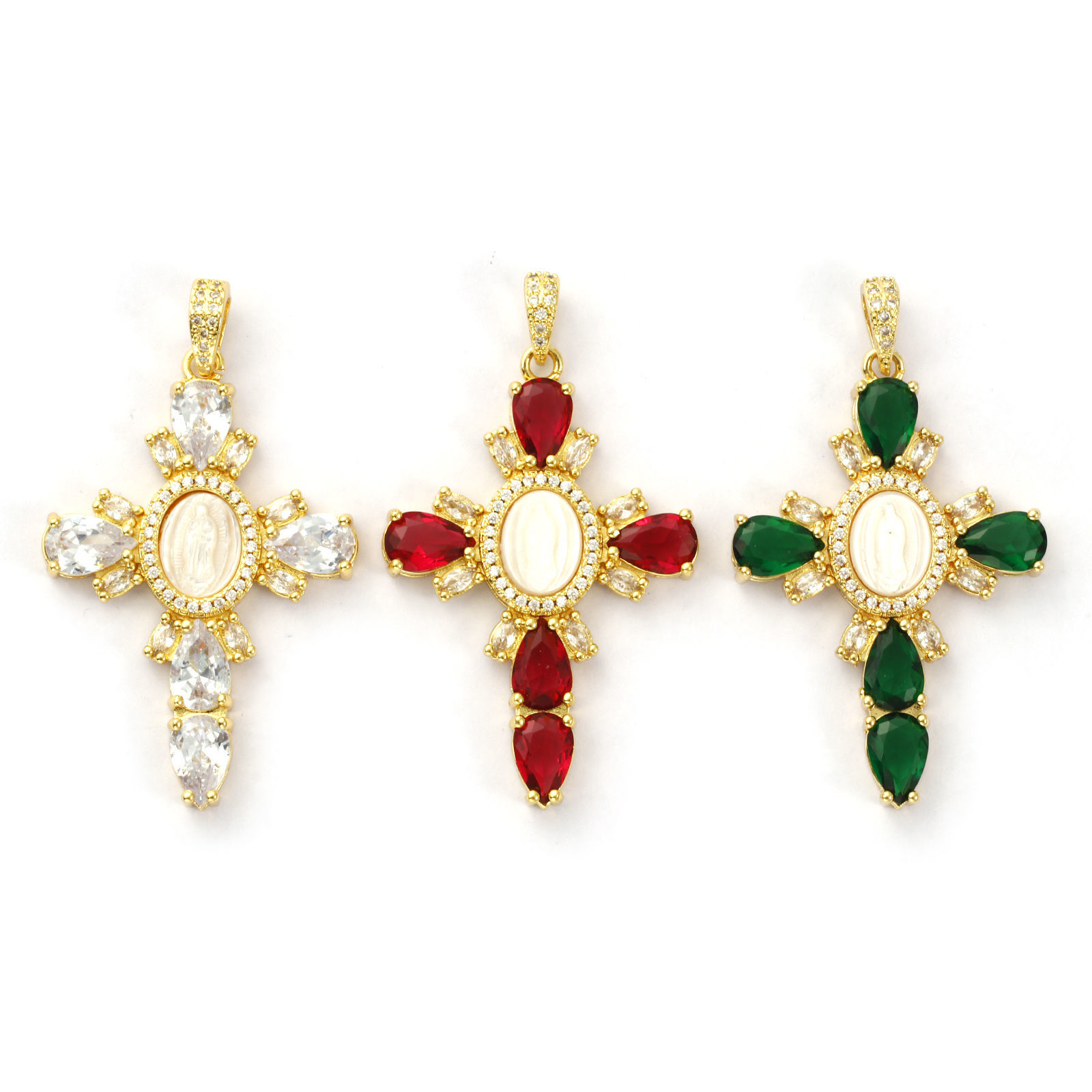 Picture of 1 Piece Eco-friendly Shell & Brass & Cubic Zirconia Religious Pendants 18K Real Gold Plated White Cross Virgin Mary 5.3cm x 3.1cm