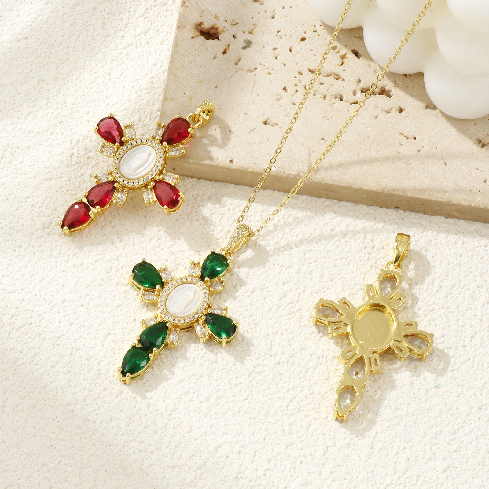 Picture of 1 Piece Eco-friendly Shell & Brass & Cubic Zirconia Religious Pendants 18K Real Gold Plated White Cross Virgin Mary 5.3cm x 3.1cm