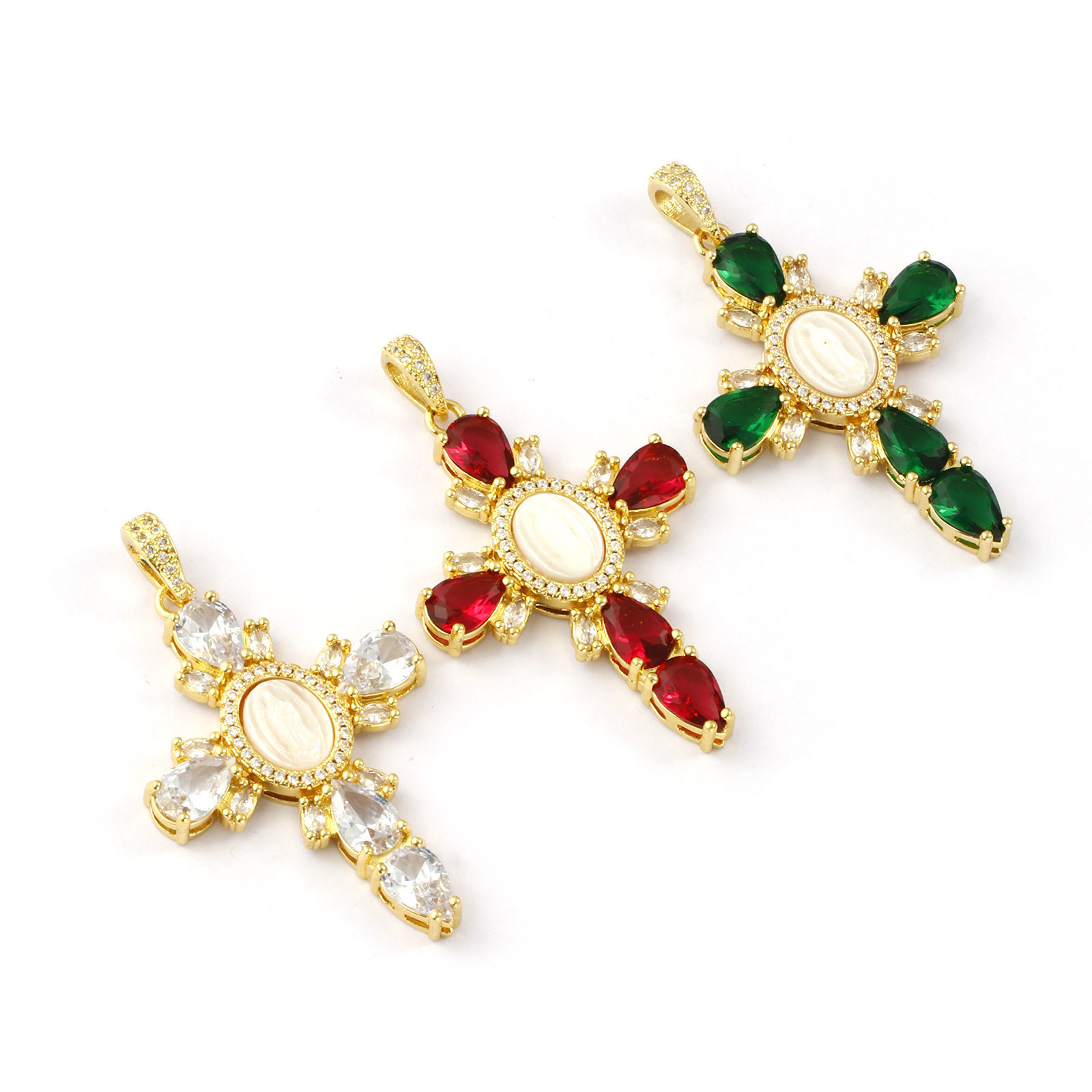 Picture of 1 Piece Eco-friendly Shell & Brass & Cubic Zirconia Religious Pendants 18K Real Gold Plated White Cross Virgin Mary 5.3cm x 3.1cm