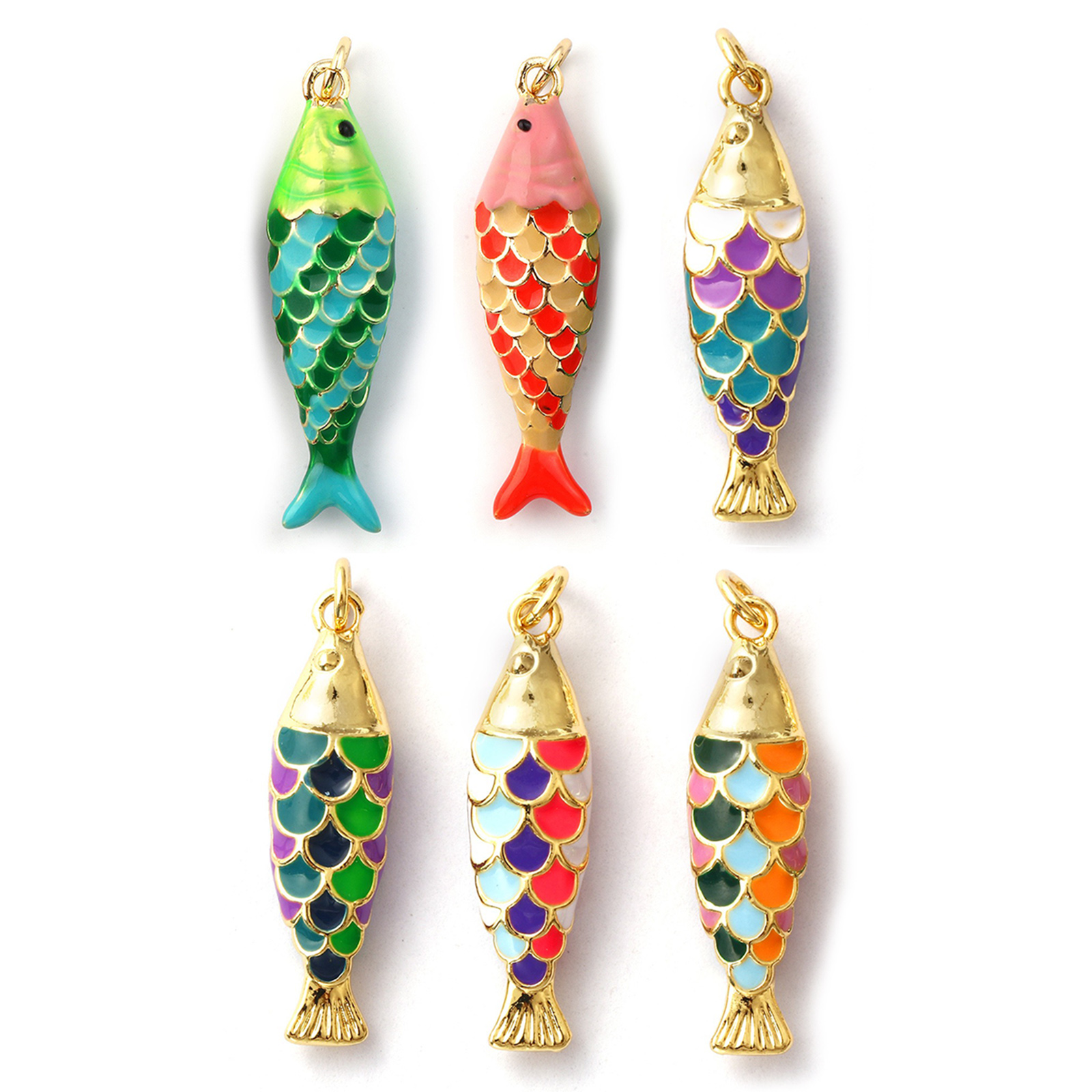 Picture of Eco-friendly Brass Ocean Jewelry Pendants 18K Real Gold Plated Multicolor Enamel Fish Animal 3D 3.2cm x 0.8cm
