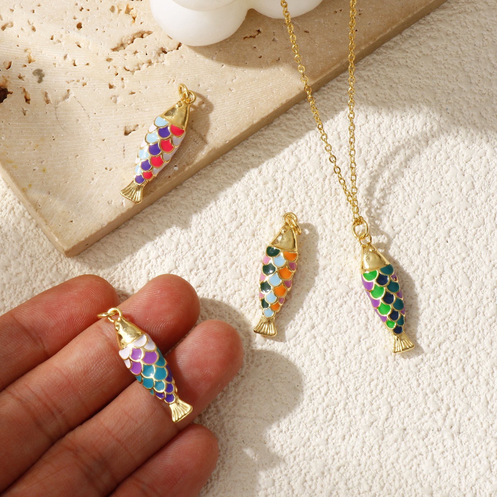 Picture of Eco-friendly Brass Ocean Jewelry Pendants 18K Real Gold Plated Multicolor Enamel Fish Animal 3D 3.2cm x 0.8cm