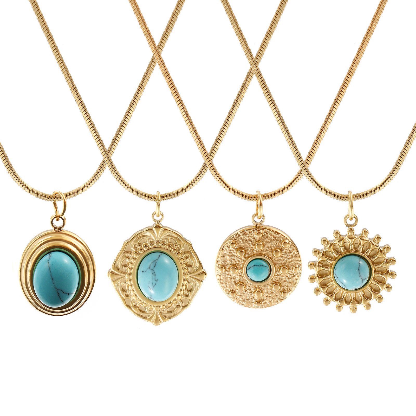 Bild von 18K Echtgold plattiert Quadratische Schlangenkette Anhänger Halskette, 304 Edelstahl 45cm + 5cm, Für Frauen, Cyan Mit Harz Imitat Howlith Cabochons, Böhmischer Stil Ethnischer Stil Geschenk, Umweltfreundliche PVD-Vakuumbeschichtung