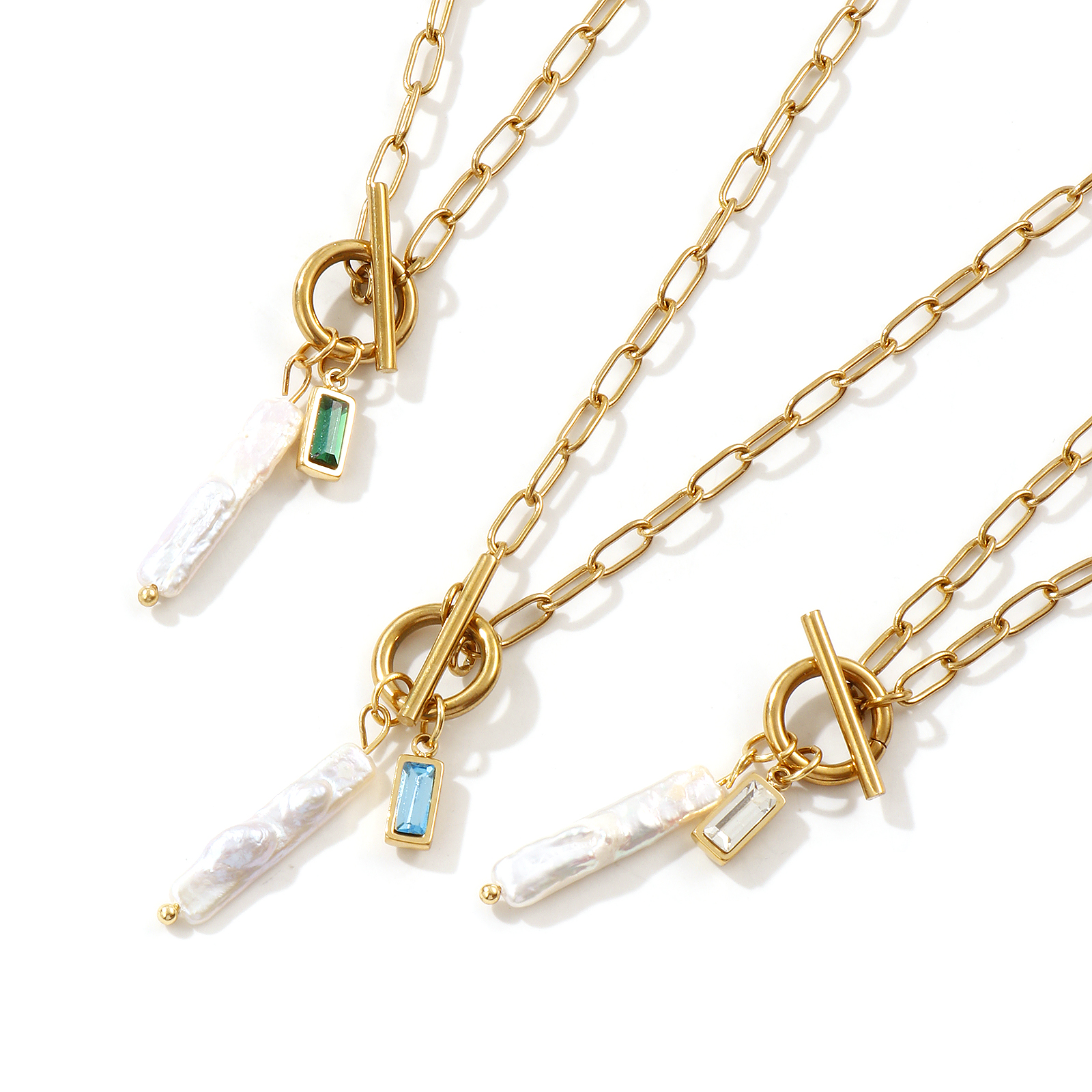 Immagine di 18K Vero Oro Placcato Catena a Graffetta Rettangolo Collana con Ciondolo, Acciaio Inossidabile 304 & Perla Naturale 45cm, Per Donne, Bianco Pietre Nascita Barocco Regalo, Placcatura Sottovuoto PVD Ecologica, 1 Pz