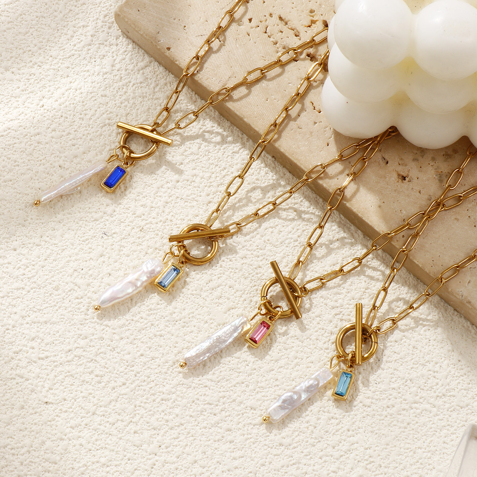 Immagine di 18K Vero Oro Placcato Catena a Graffetta Rettangolo Collana con Ciondolo, Acciaio Inossidabile 304 & Perla Naturale 45cm, Per Donne, Bianco Pietre Nascita Barocco Regalo, Placcatura Sottovuoto PVD Ecologica, 1 Pz