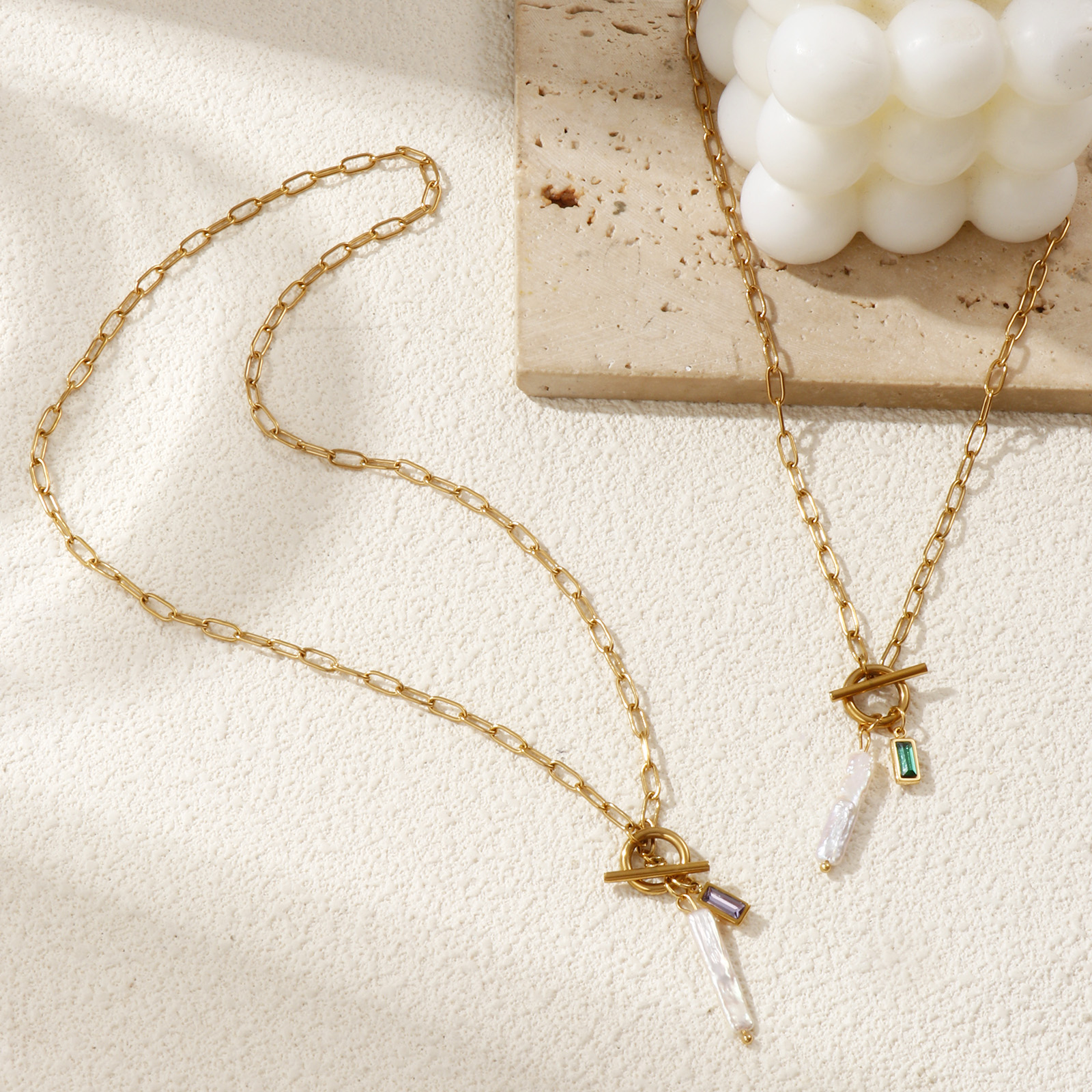 Immagine di 18K Vero Oro Placcato Catena a Graffetta Rettangolo Collana con Ciondolo, Acciaio Inossidabile 304 & Perla Naturale 45cm, Per Donne, Bianco Pietre Nascita Barocco Regalo, Placcatura Sottovuoto PVD Ecologica, 1 Pz