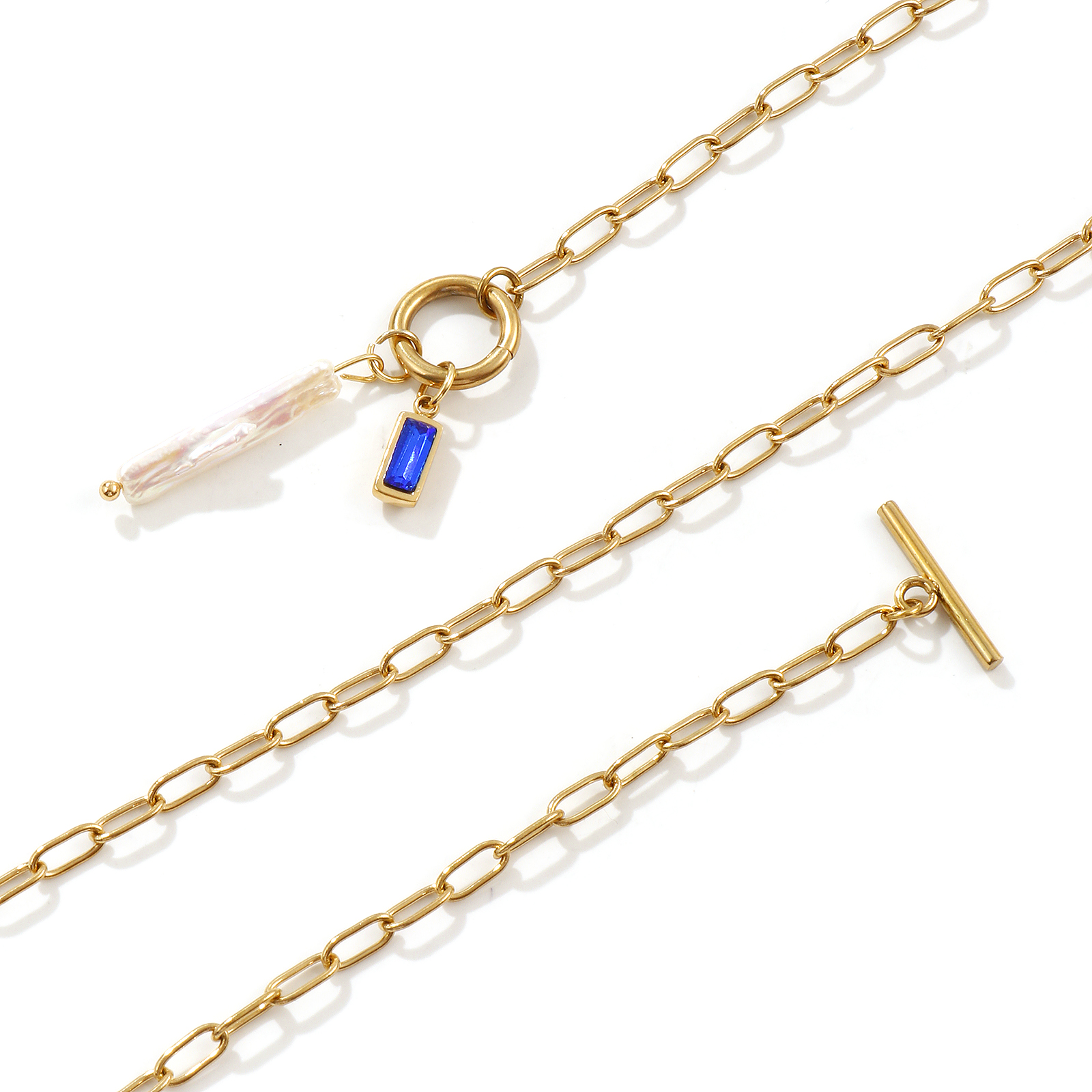 Immagine di 18K Vero Oro Placcato Catena a Graffetta Rettangolo Collana con Ciondolo, Acciaio Inossidabile 304 & Perla Naturale 45cm, Per Donne, Bianco Pietre Nascita Barocco Regalo, Placcatura Sottovuoto PVD Ecologica, 1 Pz