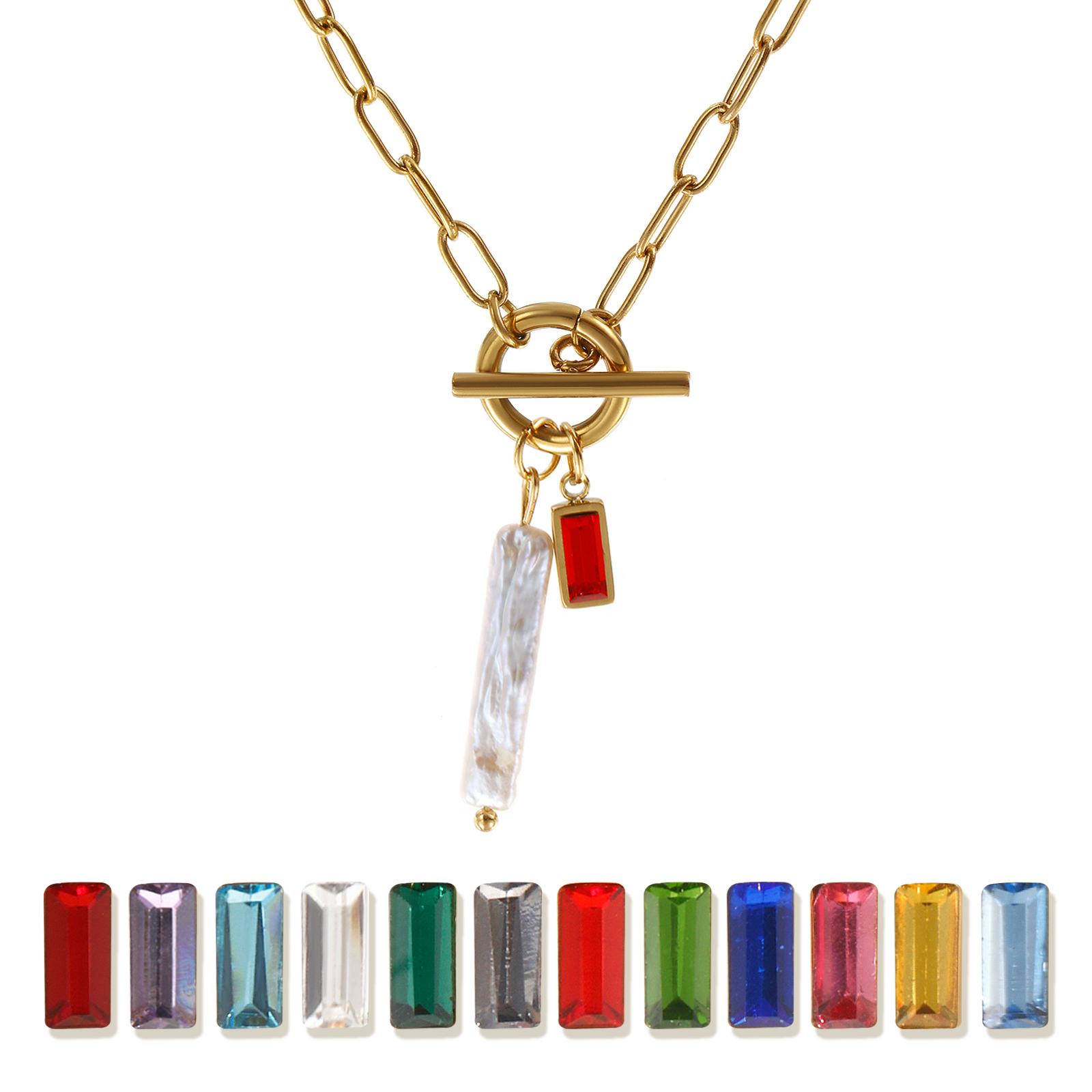 Immagine di 18K Vero Oro Placcato Catena a Graffetta Rettangolo Collana con Ciondolo, Acciaio Inossidabile 304 & Perla Naturale 45cm, Per Donne, Bianco Pietre Nascita Barocco Regalo, Placcatura Sottovuoto PVD Ecologica, 1 Pz