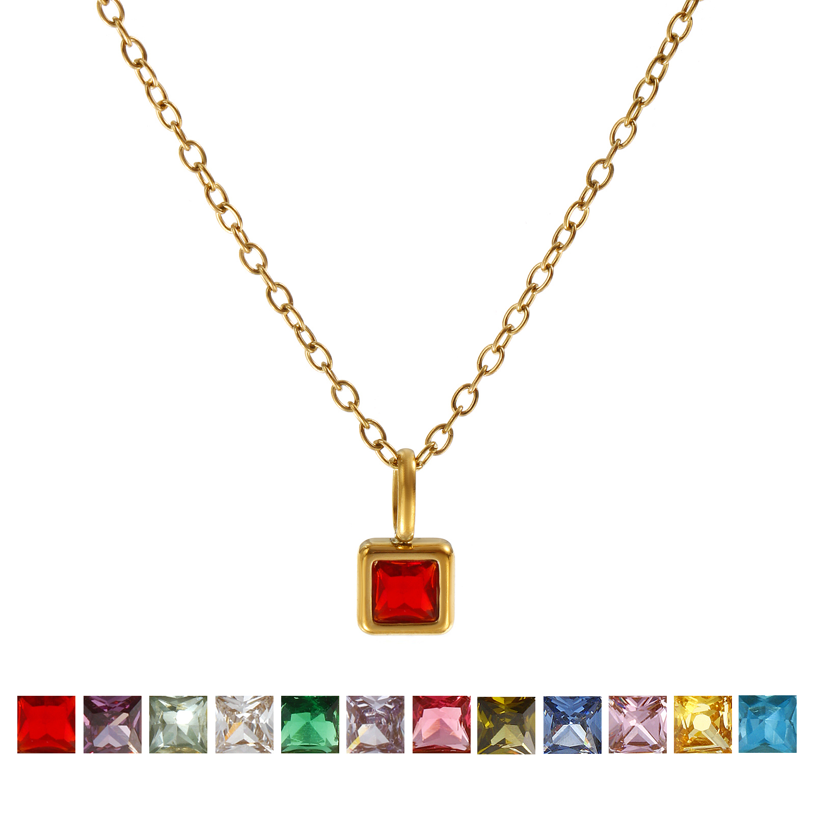 Image de Collier à Breloques Carré Plaqué Or Véritable 18K en 304 Acier Inoxydable & Zirconia Cubique Pour Femmes, Chaîne Maille Forçat 45cm + 5cm, Pierres de Naissance Exquis Cadeau, Revêtement sous Vide PVD Respectueux de l'Environnement, 1 Pièce