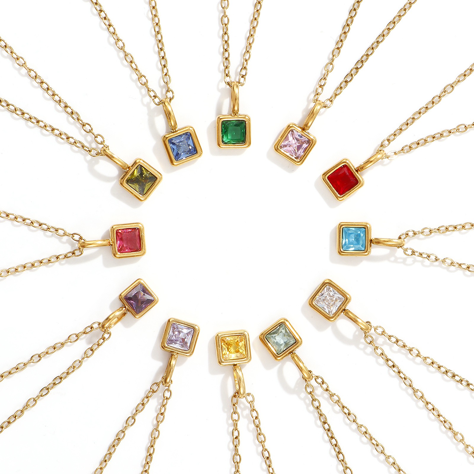 Picture of Wholesale Square Birthstone Pendant Charm Necklace, 18K Real Gold Plated 304 Stainless Steel Link Cable Chain, Women's Eco-friendly PVD Vacuum Plating Stylish Minimalist Gift Jewelry For Retailer, 45cm(17.7") + 5cm(2") long, 1 Piece