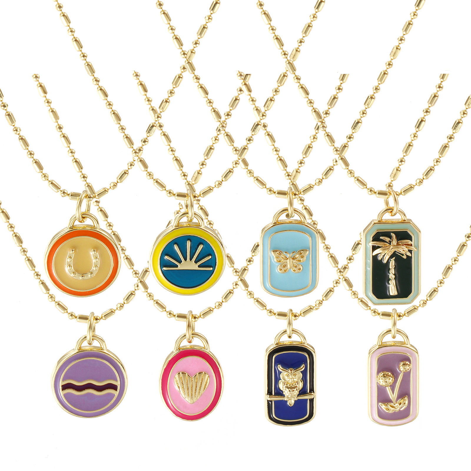 Picture of 18K Real Gold Plated Bamboo Chain Pendant Charm Necklace, Brass 45cm(17.7") + 5cm(2"), For Women, Enamel Retro Geometric Gift, Eco-friendly