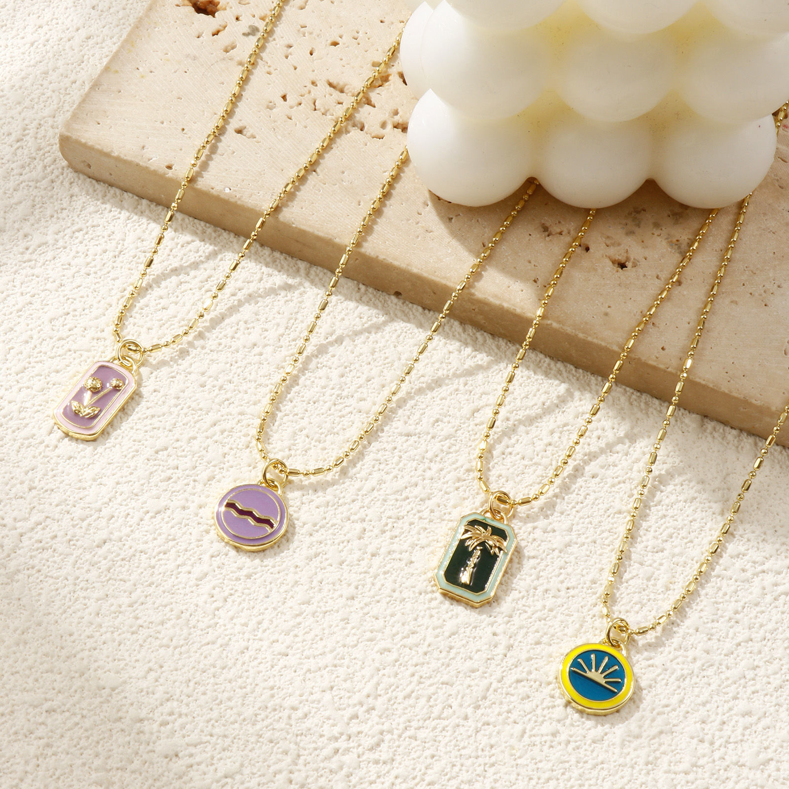 Picture of 18K Real Gold Plated Bamboo Chain Pendant Charm Necklace, Brass 45cm(17.7") + 5cm(2"), For Women, Enamel Retro Geometric Gift, Eco-friendly