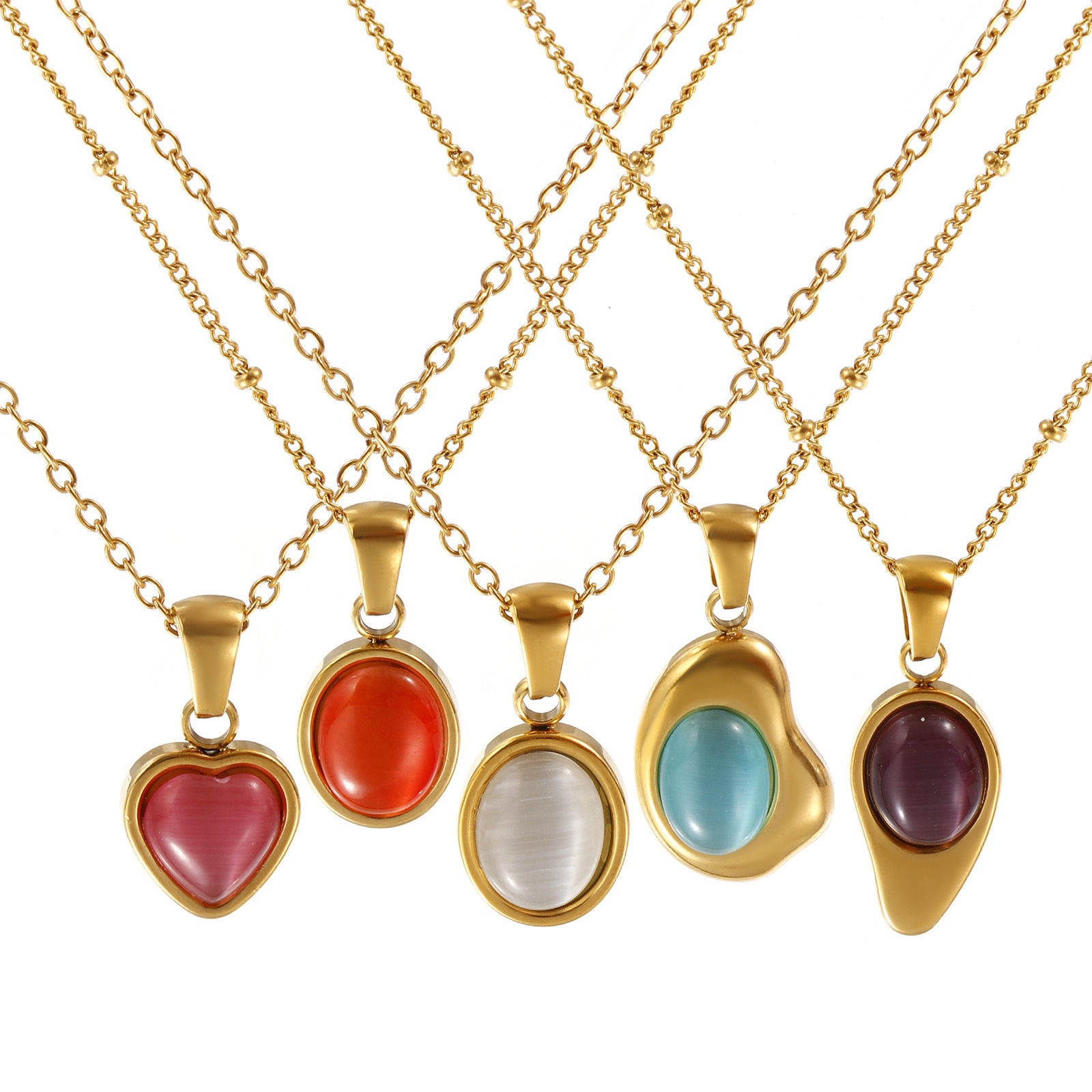 Immagine di 18K Vero Oro Placcato Catena a Cavo Geometrica Collana con Ciondolo, 304 Acciaio Inossidabile 45cm + 5cm, Per Donne, Imitazione di occhio di gatto, Squisito Elegante Regalo, Placcatura Sottovuoto PVD Ecologica, 1 Pz