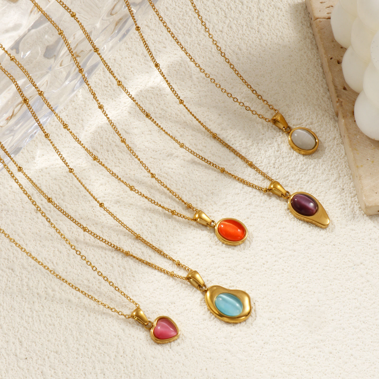 Immagine di 18K Vero Oro Placcato Catena a Cavo Geometrica Collana con Ciondolo, 304 Acciaio Inossidabile 45cm + 5cm, Per Donne, Imitazione di occhio di gatto, Squisito Elegante Regalo, Placcatura Sottovuoto PVD Ecologica, 1 Pz