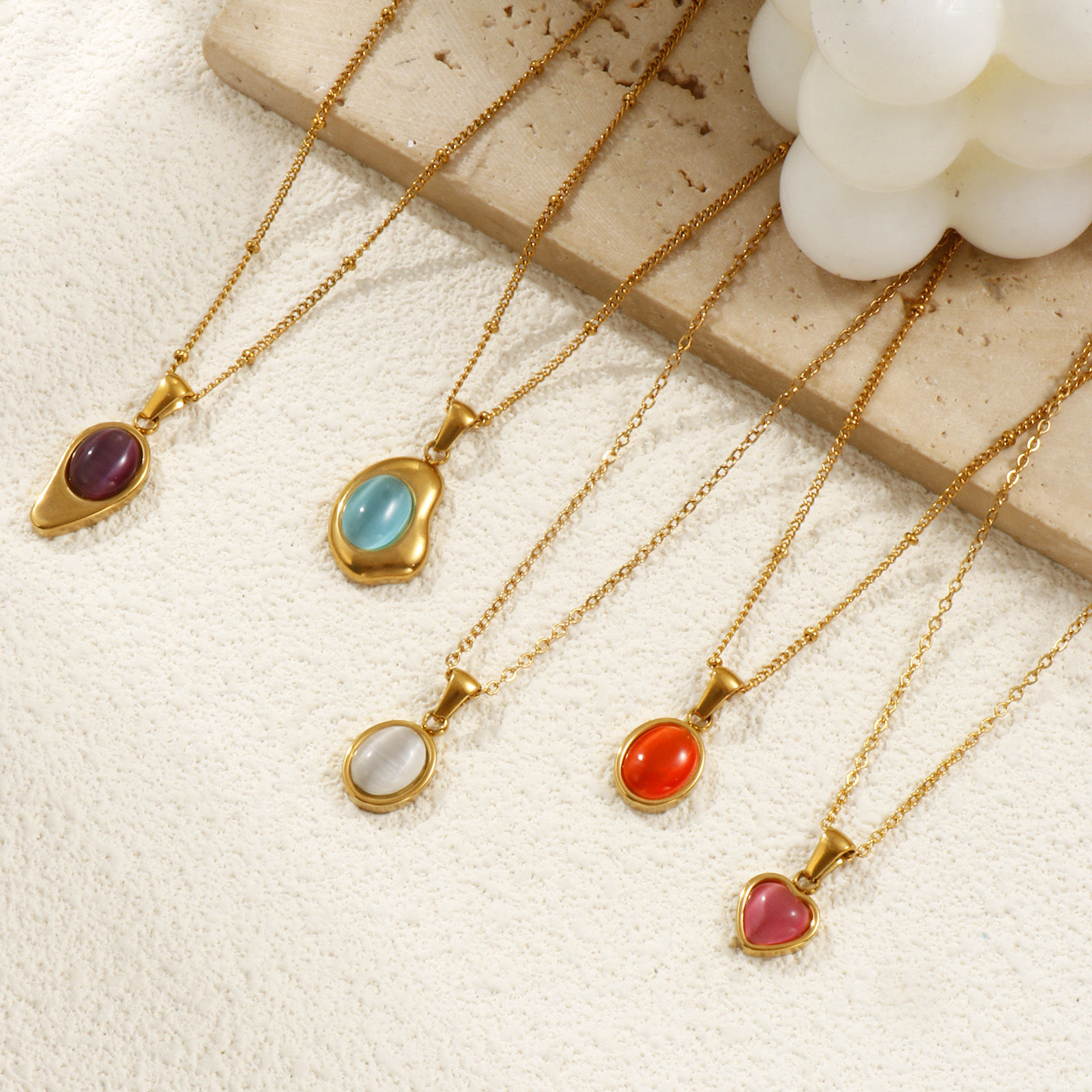 Immagine di 18K Vero Oro Placcato Catena a Cavo Geometrica Collana con Ciondolo, 304 Acciaio Inossidabile 45cm + 5cm, Per Donne, Imitazione di occhio di gatto, Squisito Elegante Regalo, Placcatura Sottovuoto PVD Ecologica, 1 Pz