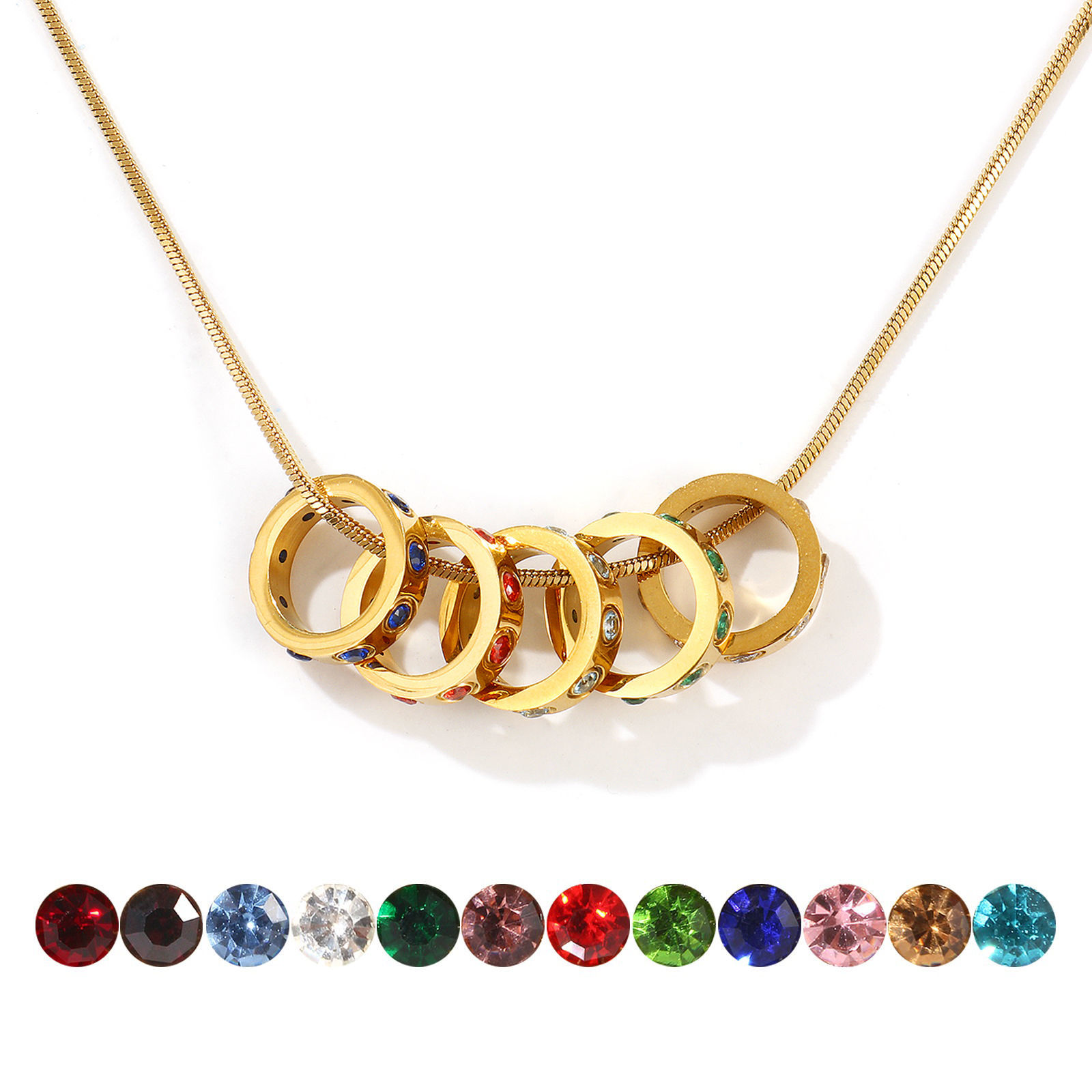 Image de Collier à Breloques Annulaire Plaqué Or Véritable 18K en 304 Acier Inoxydable & Zirconia Cubique Pour Femmes, Chaîne Serpent Carrée 45cm + 5cm, Pierres de Naissance À la Mode Cadeau, Revêtement sous Vide PVD Respectueux de l'Environnement, 1 Pièce