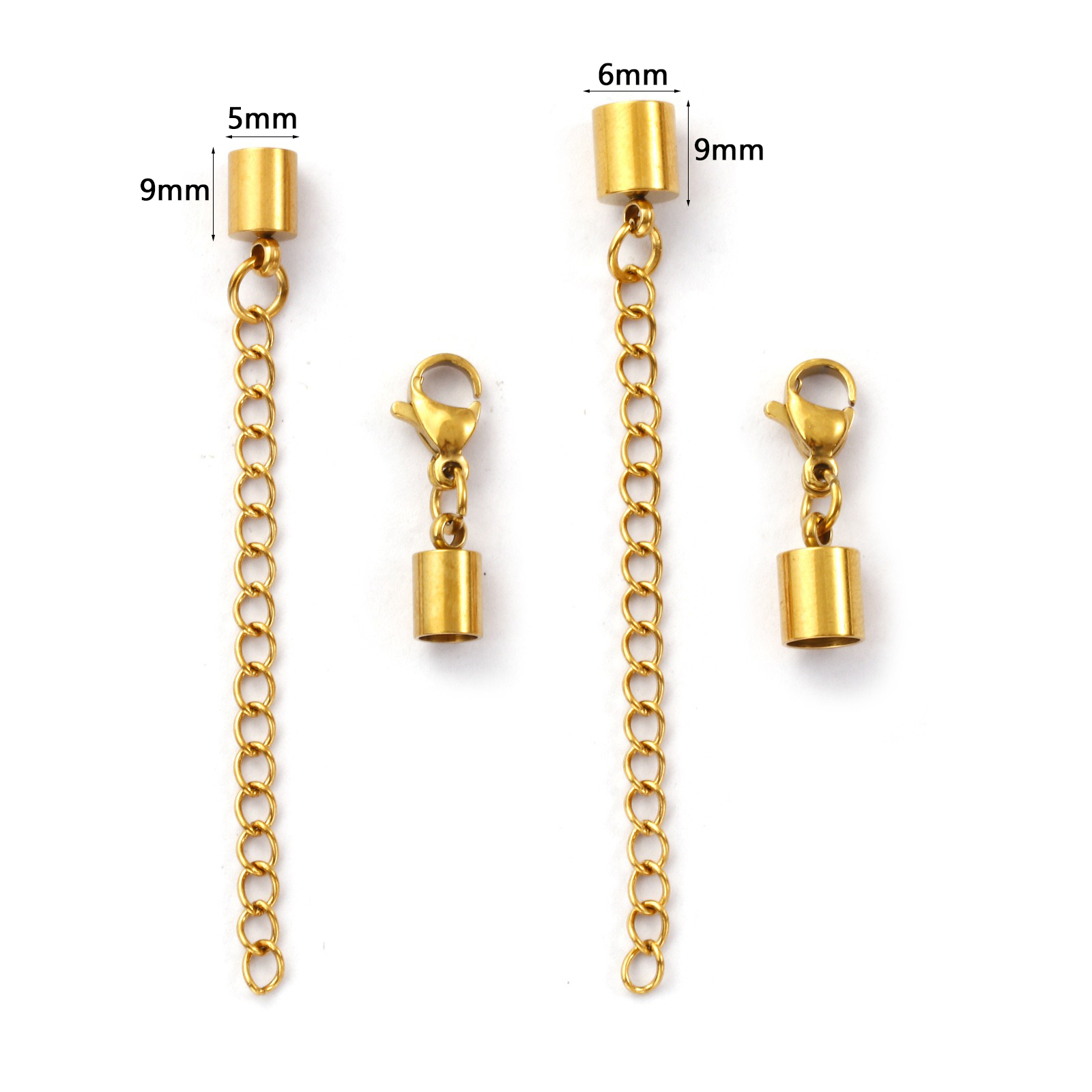 Image de 2 Kits avec Fermoir Mousqueton et Chaîne d'Extension Embouts pour Cordons en 304 Acier Inoxydable Revêtement sous Vide PVD Respectueux de l'Environnement Plaqué Or Véritable 18K