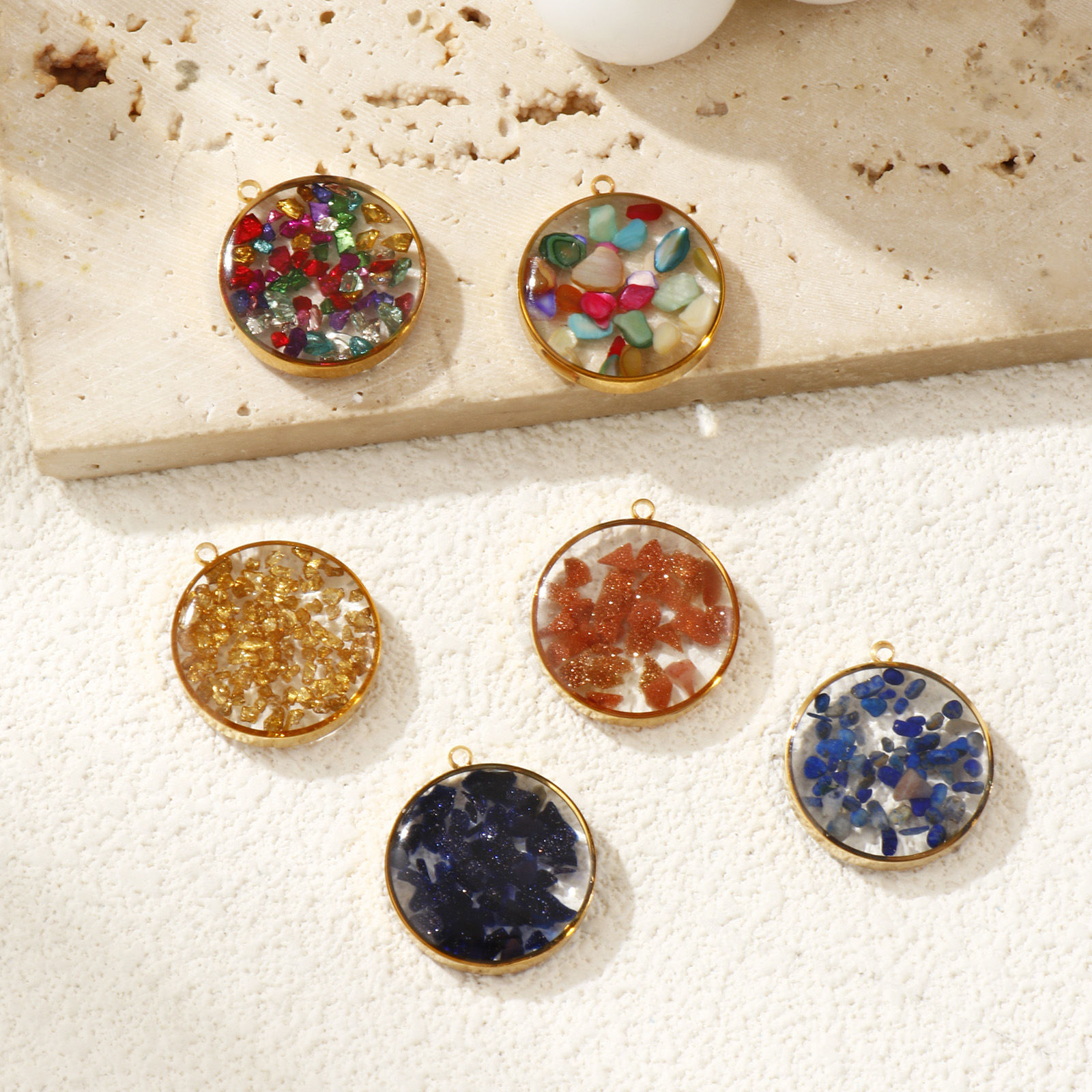 Picture of Eco-friendly PVD Vacuum Plating 304 Stainless Steel & Gemstone Charms 18K Real Gold Plated Round 22mm x 20mm