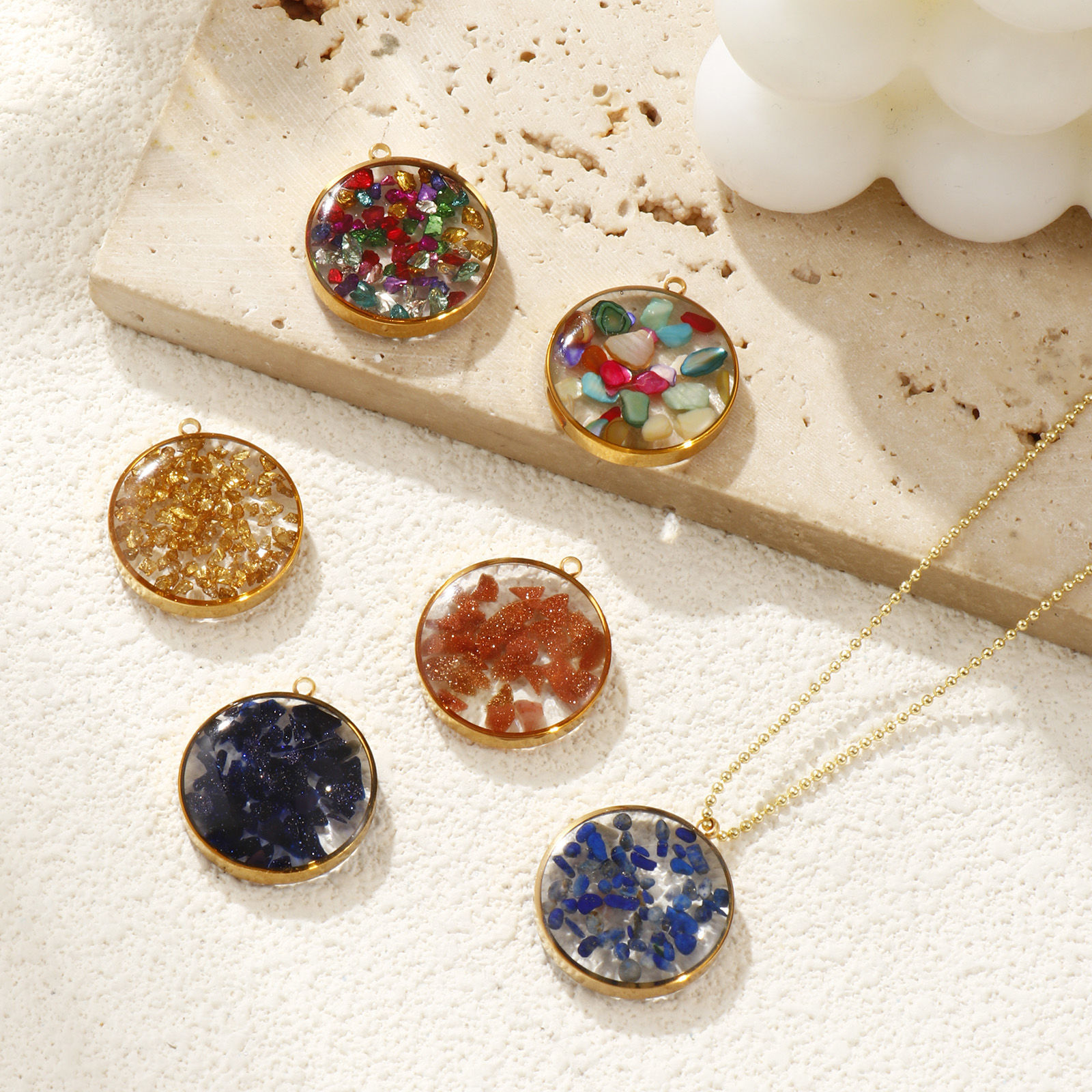 Picture of Eco-friendly PVD Vacuum Plating 304 Stainless Steel & Gemstone Charms 18K Real Gold Plated Round 22mm x 20mm
