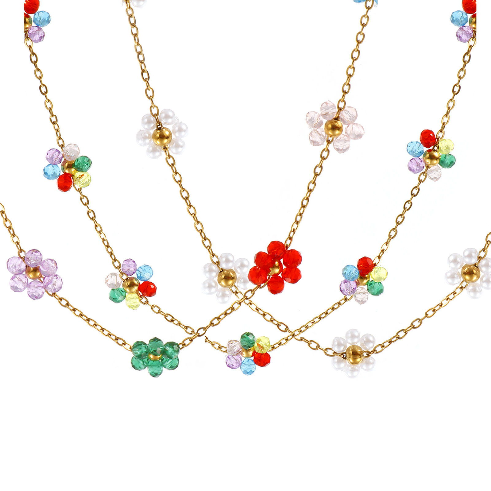 1 本 18Kリアルゴールドメッキ 小豆チェーン・あづきチェーン フラワー ビーズネックレス、 304ステンレス鋼 40cm + 5cm、 女性のため、 多色 甘くてかわいい 素敵 プレゼント、 エコフレンドリー PVD真空メッキ、 の画像