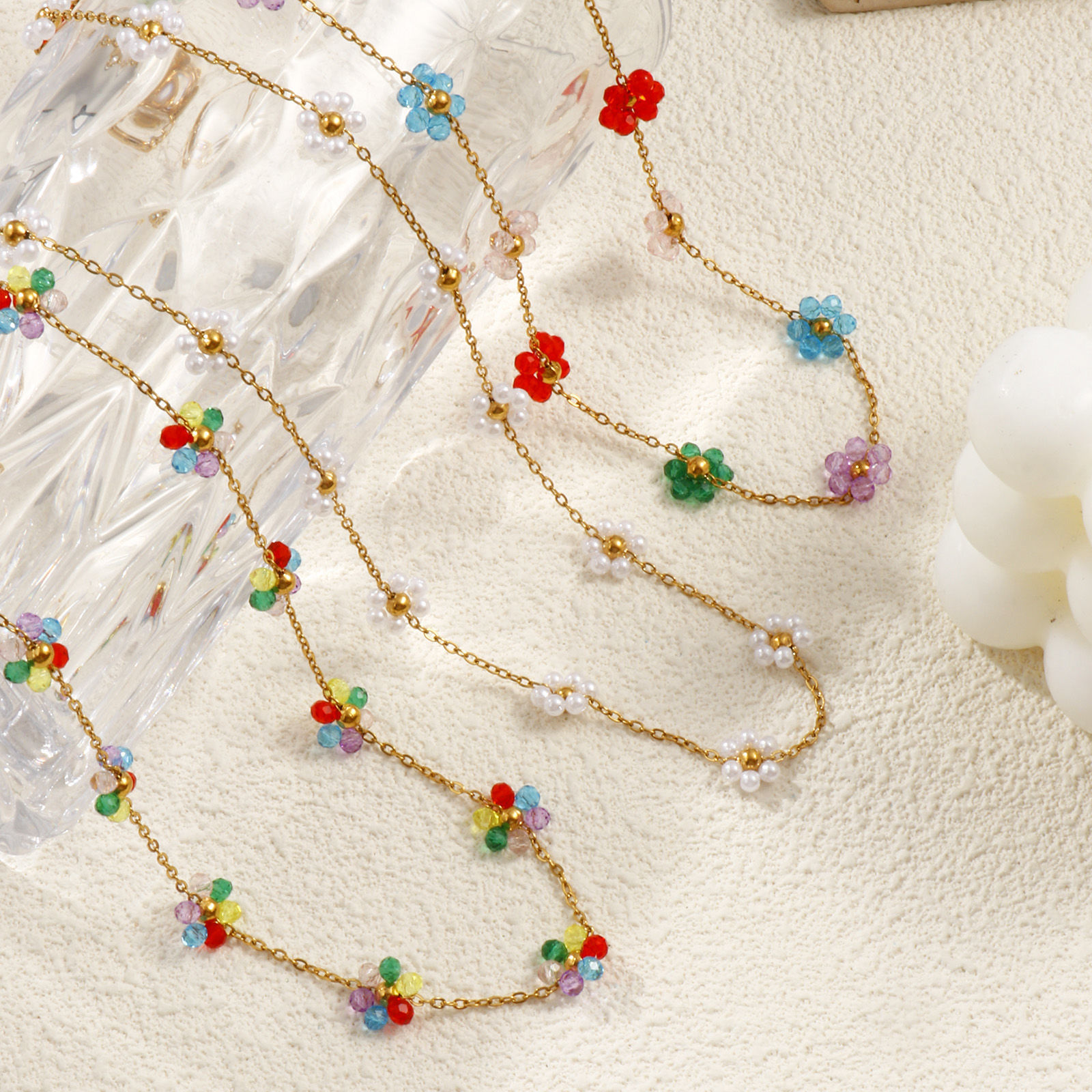 1 本 18Kリアルゴールドメッキ 小豆チェーン・あづきチェーン フラワー ビーズネックレス、 304ステンレス鋼 40cm + 5cm、 女性のため、 多色 甘くてかわいい 素敵 プレゼント、 エコフレンドリー PVD真空メッキ、 の画像