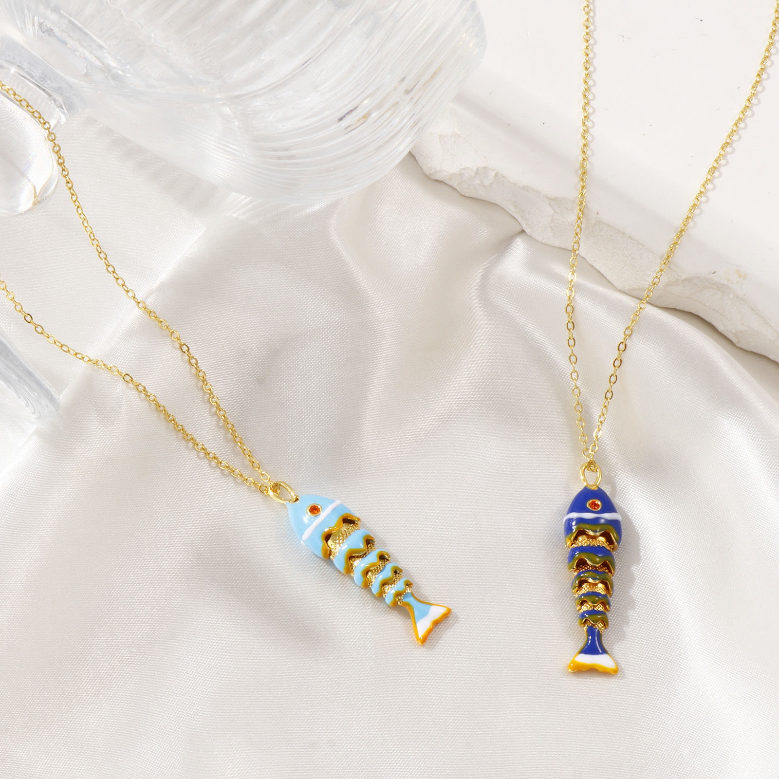 Bild von 18K Echtgold plattiert Kreuz Gliederketten Fisch Anhänger Halskette, Messing + Kubisch Zirkonia 46cm + 6cm, Für Frauen, Emaille 3D Beweglich, Stilvoll Ozean Schmuck Geschenk, Umweltfreundlich