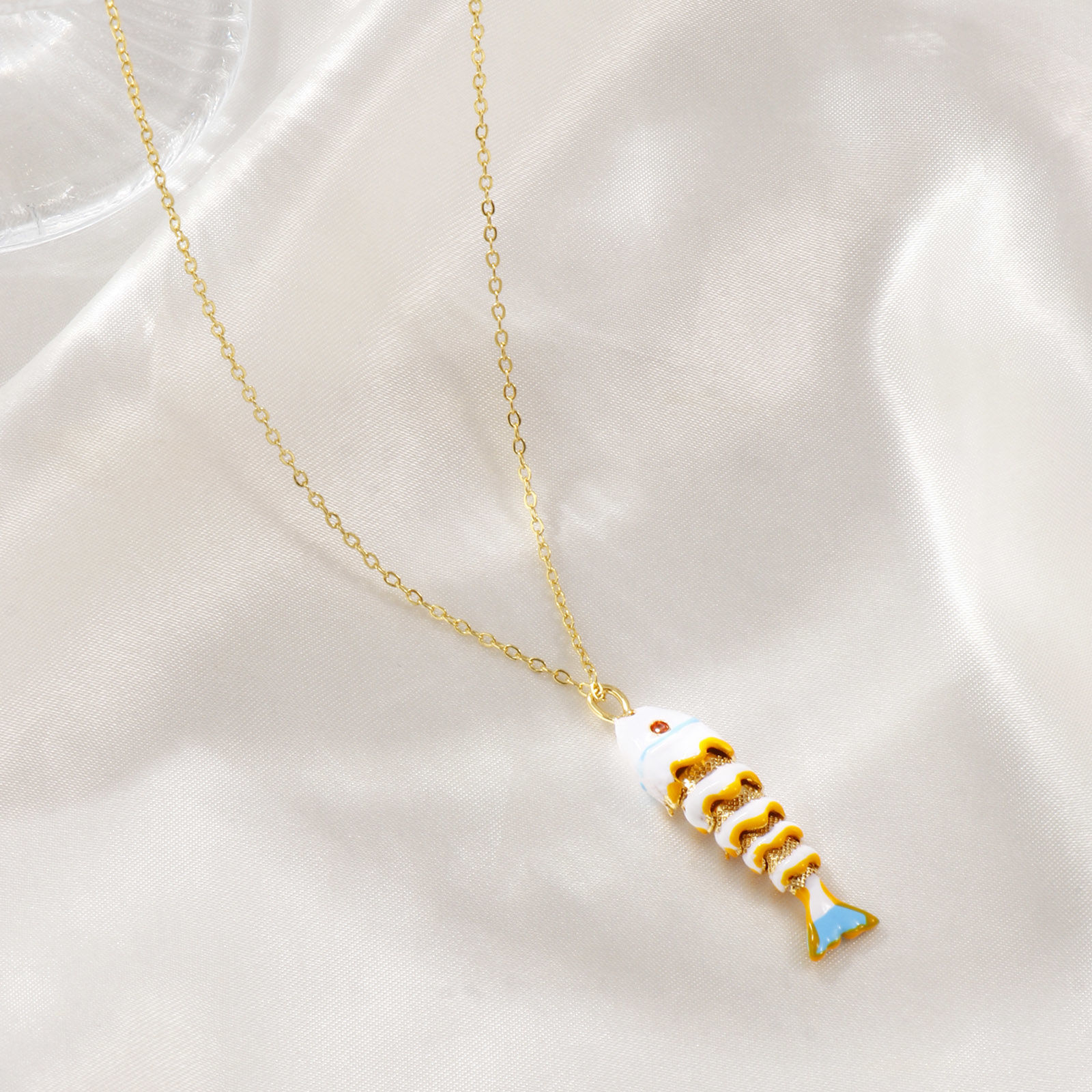 Bild von 18K Echtgold plattiert Kreuz Gliederketten Fisch Anhänger Halskette, Messing + Kubisch Zirkonia 46cm + 6cm, Für Frauen, Emaille 3D Beweglich, Stilvoll Ozean Schmuck Geschenk, Umweltfreundlich