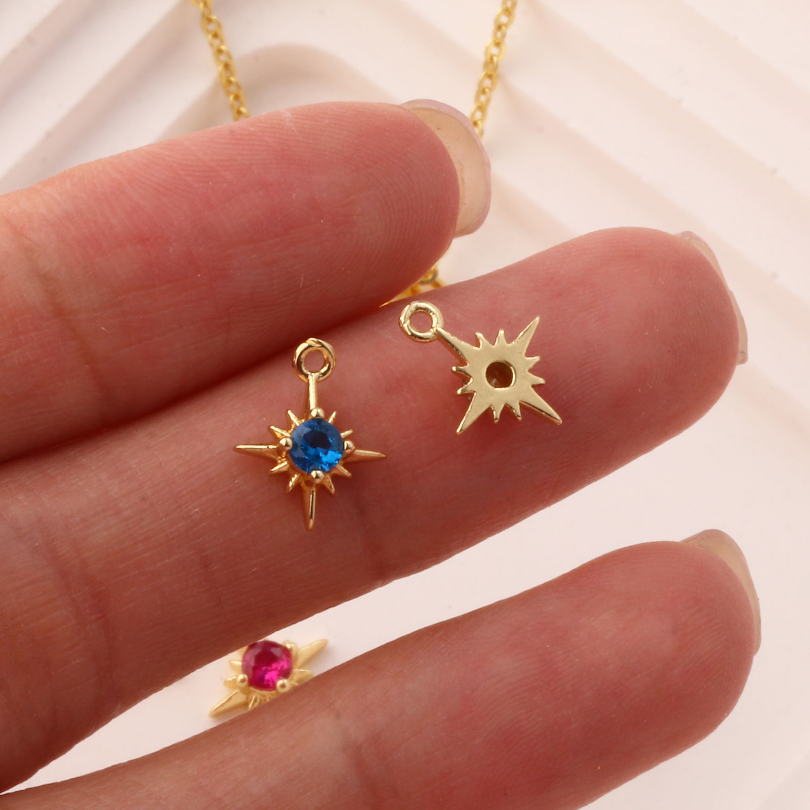Picture of Brass & Cubic Zirconia Birthstone Charms 18K Gold Plated Star Mini 10.5mm x 8.5mm