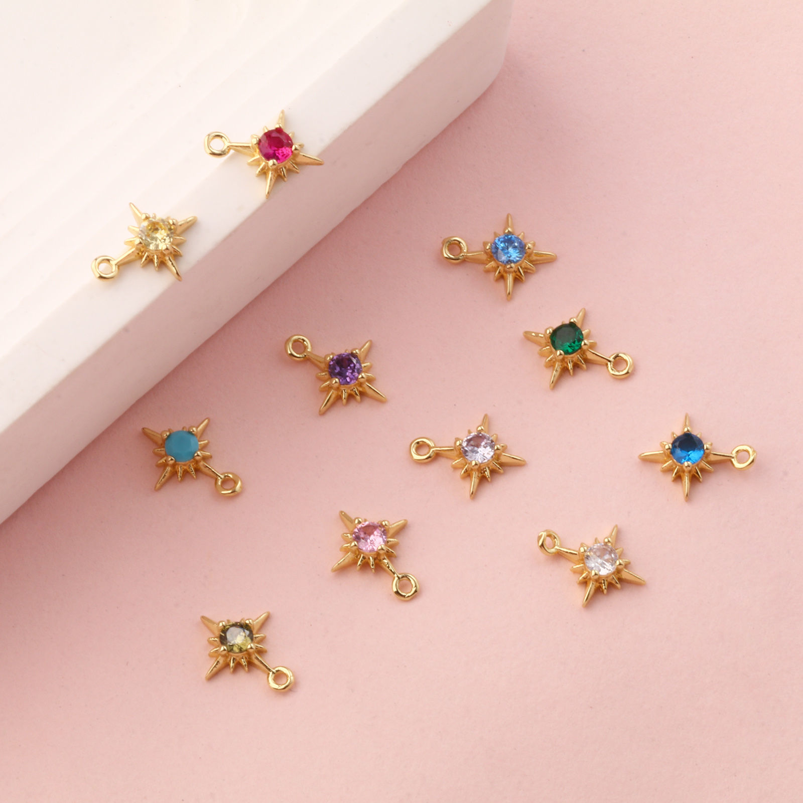 Picture of Brass & Cubic Zirconia Birthstone Charms 18K Gold Plated Star Mini 10.5mm x 8.5mm