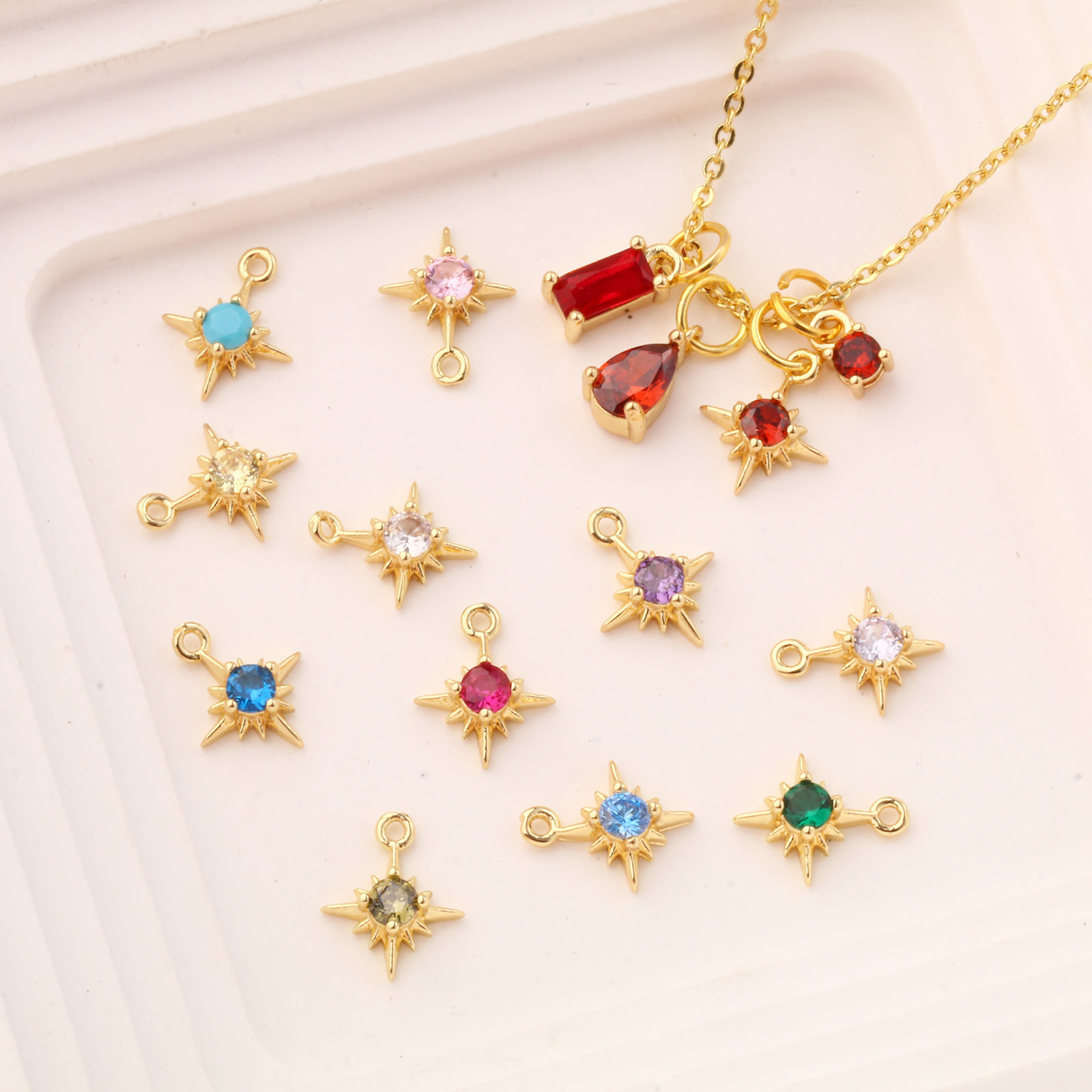 Picture of Brass & Cubic Zirconia Birthstone Charms 18K Gold Plated Star Mini 10.5mm x 8.5mm