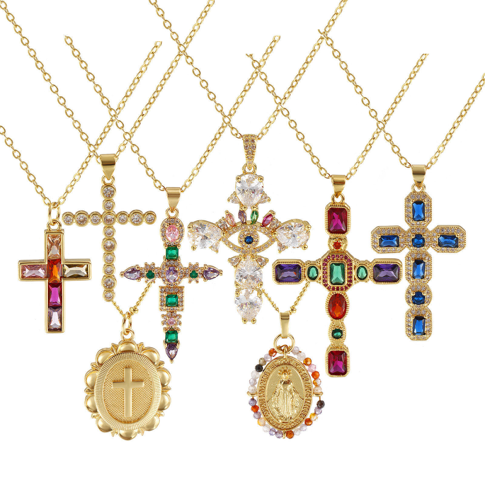 Image de Collier à Breloques Croix Plaqué Or Véritable 18K en Laiton Pour Femmes, Religieux Vintage Cadeau, Respectueux de la Nature, 1 Pièce