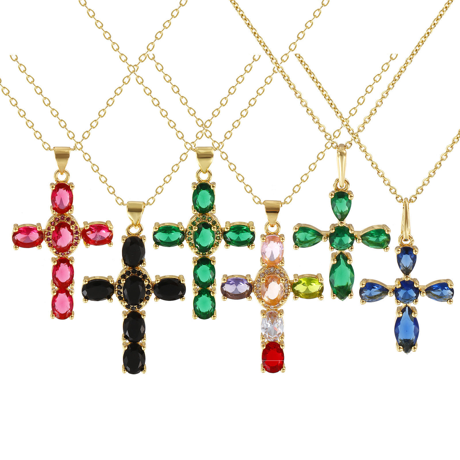 Image de Collier à Breloques Croix Plaqué Or Véritable 18K en Laiton & Zirconia Cubique Pour Femmes, Chaîne Maille Forçat 46cm + 6cm, Micro Pave, Religieux Vintage Cadeau, Respectueux de la Nature, 1 Pièce