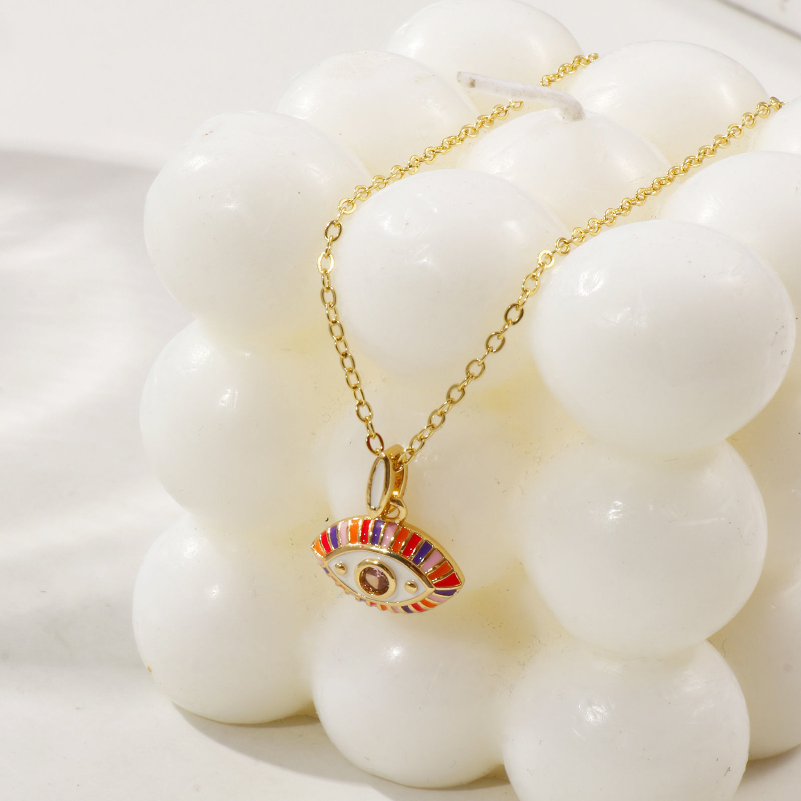 Изображение 18K Real Gold Plated Link Cable Chain Eye Pendant Charm Necklace, Brass & Cubic Zirconia 46cm(18.1") + 6cm(2.4"), For Women, Enamel Retro Exquisite Gift, Eco-friendly, 1 Piece