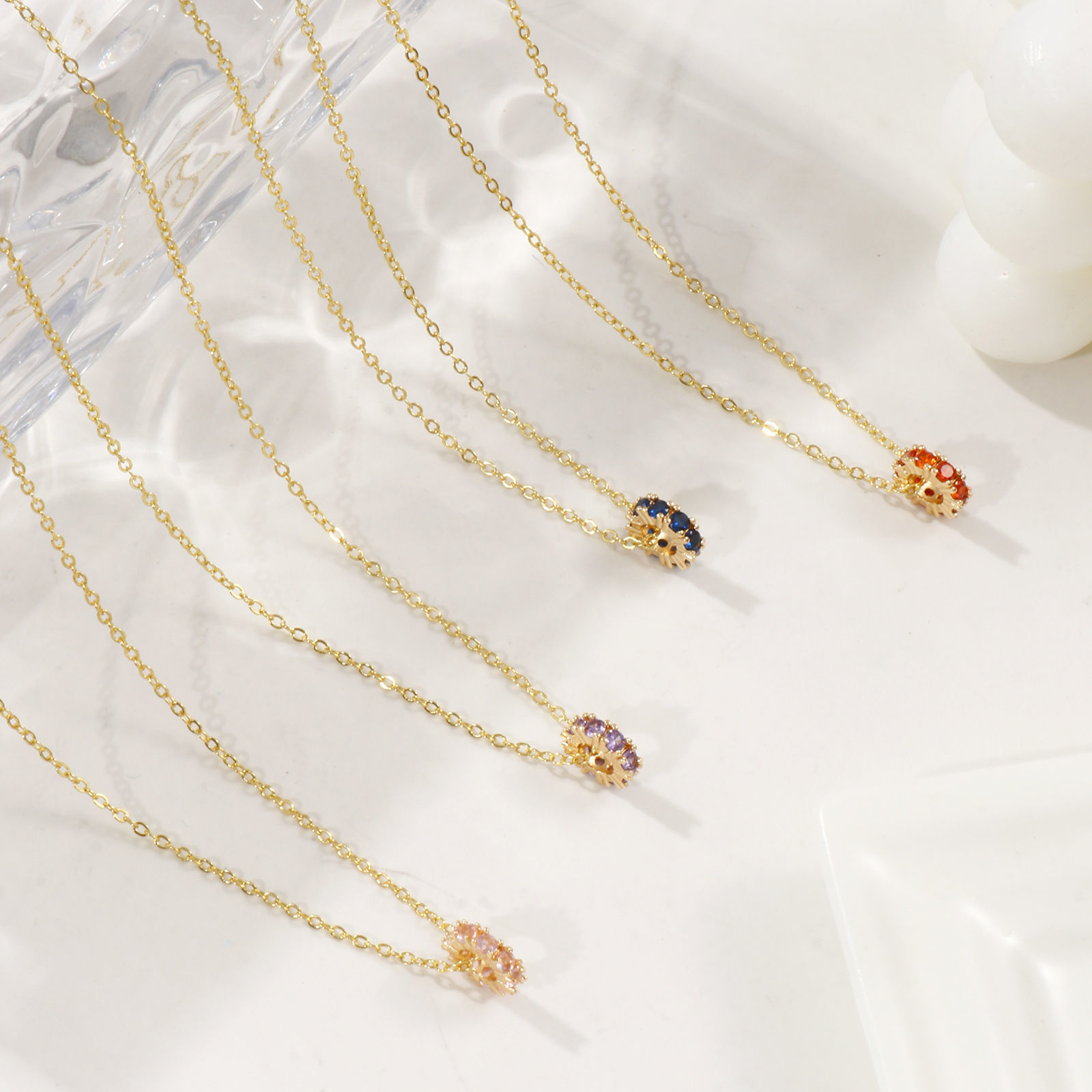 Picture of 18K Real Gold Plated Link Cable Chain Circle Ring Pendant Charm Necklace, Brass & Cubic Zirconia 46cm(18.1") + 6cm(2.4"), For Women, Dainty Birthstone Gift, Eco-friendly