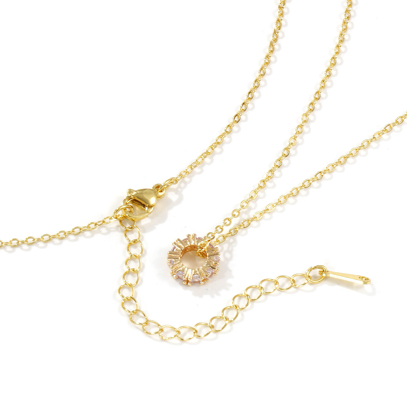 Picture of 18K Real Gold Plated Link Cable Chain Circle Ring Pendant Charm Necklace, Brass & Cubic Zirconia 46cm(18.1") + 6cm(2.4"), For Women, Dainty Birthstone Gift, Eco-friendly