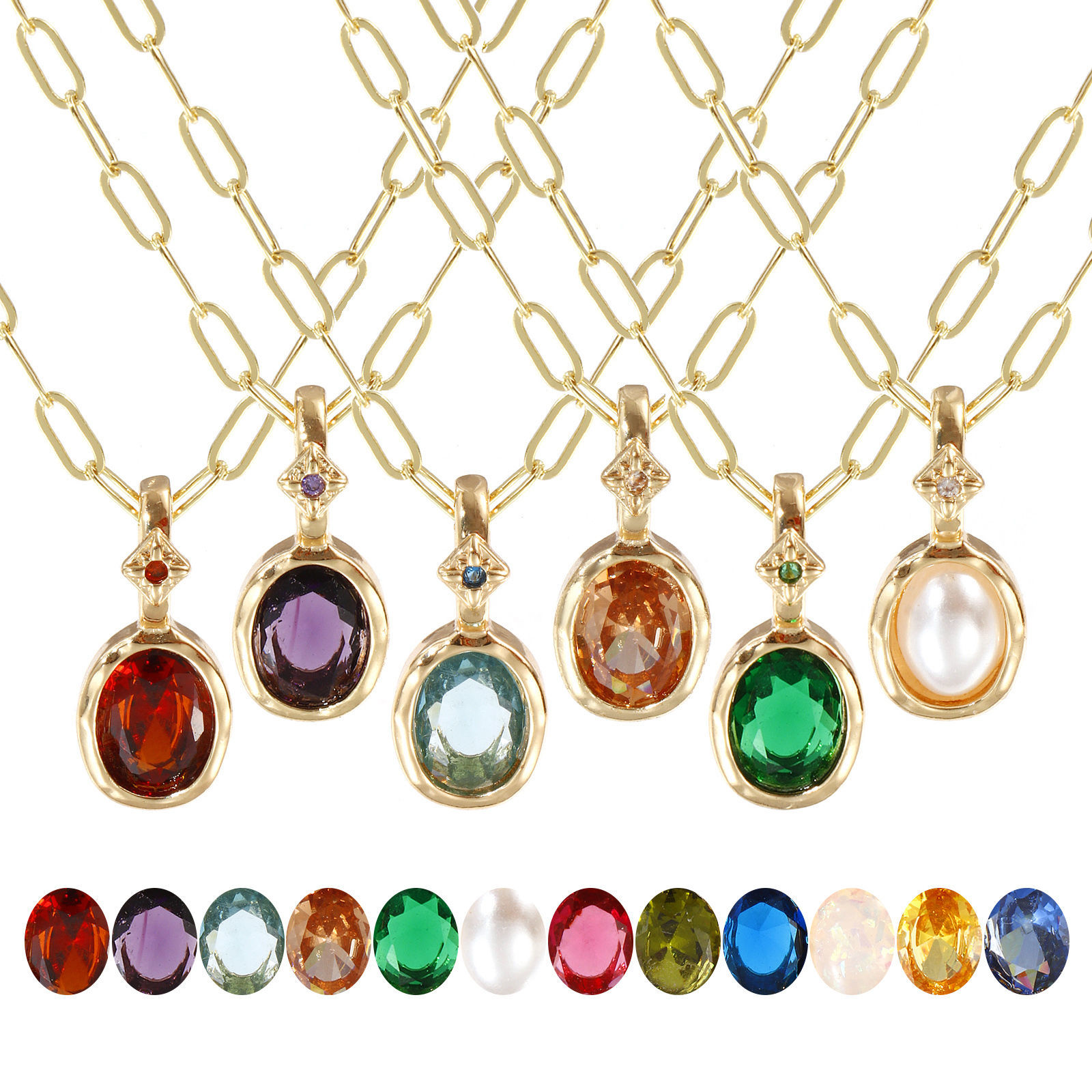 18K Real Gold Plated Paperclip Link Chain Oval Pendant Charm Necklace, Brass & Cubic Zirconia 45cm(17.7") + 5cm(2"), For Women, Dainty Birthstone Gift, Eco-friendly, 1 Piece の画像