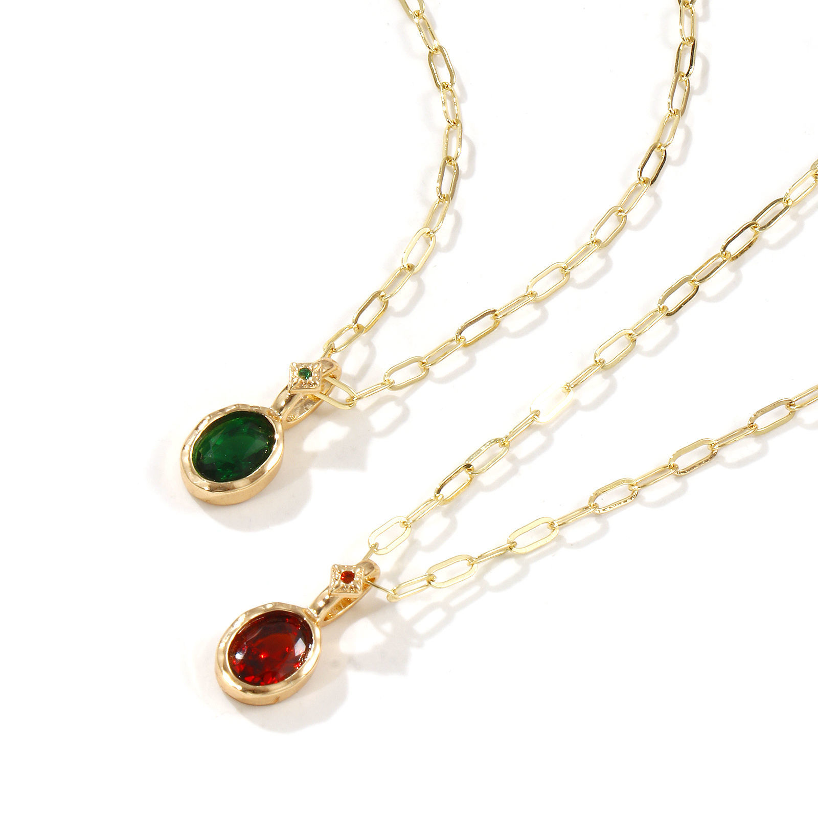 18K Real Gold Plated Paperclip Link Chain Oval Pendant Charm Necklace, Brass & Cubic Zirconia 45cm(17.7") + 5cm(2"), For Women, Dainty Birthstone Gift, Eco-friendly, 1 Piece の画像