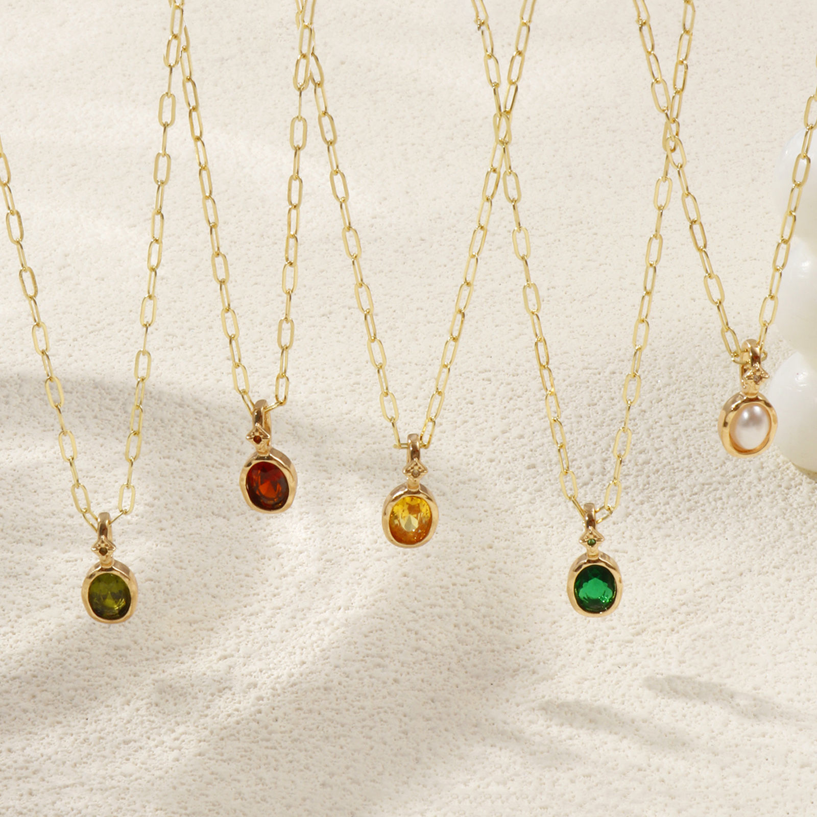 18K Real Gold Plated Paperclip Link Chain Oval Pendant Charm Necklace, Brass & Cubic Zirconia 45cm(17.7") + 5cm(2"), For Women, Dainty Birthstone Gift, Eco-friendly, 1 Piece の画像