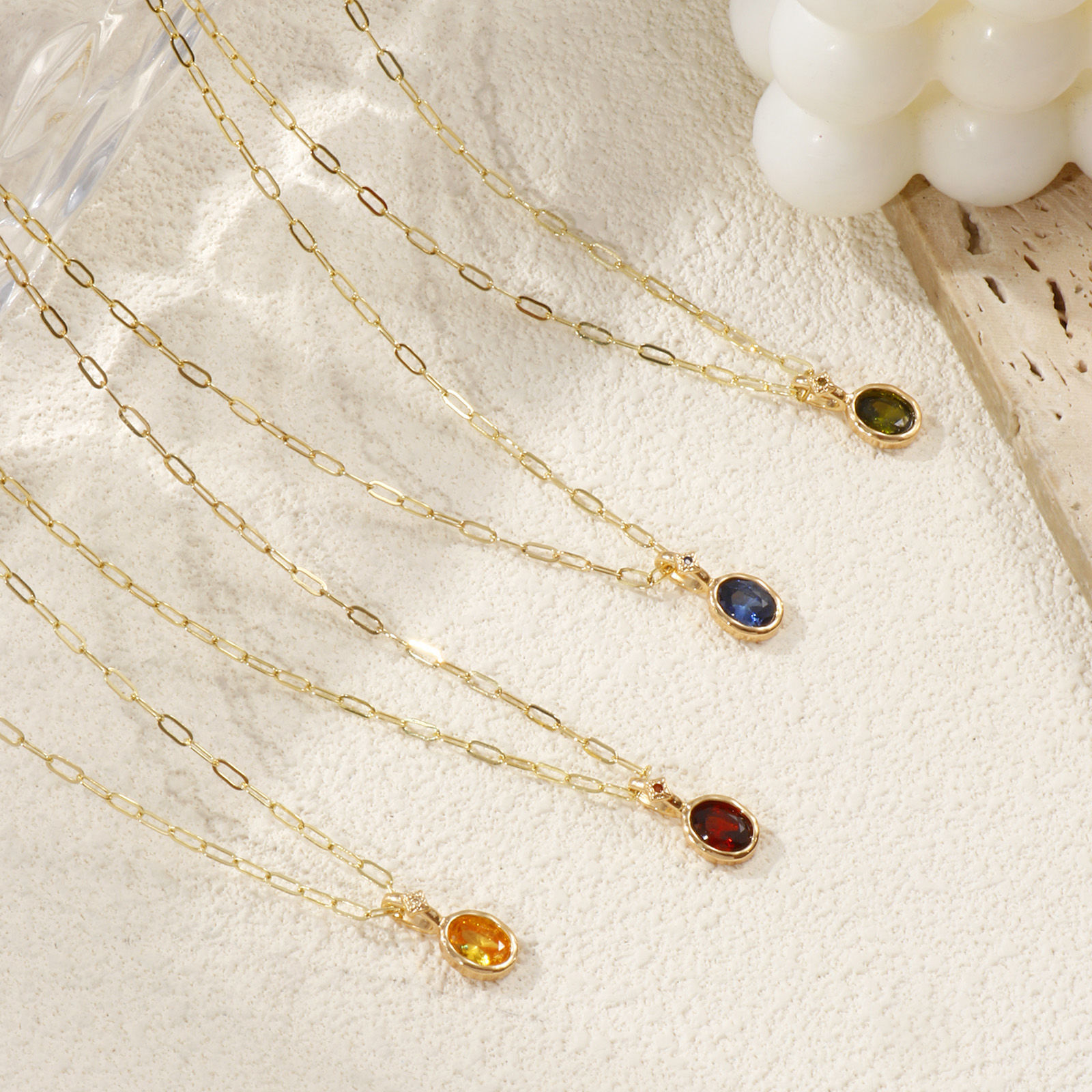 18K Real Gold Plated Paperclip Link Chain Oval Pendant Charm Necklace, Brass & Cubic Zirconia 45cm(17.7") + 5cm(2"), For Women, Dainty Birthstone Gift, Eco-friendly, 1 Piece の画像