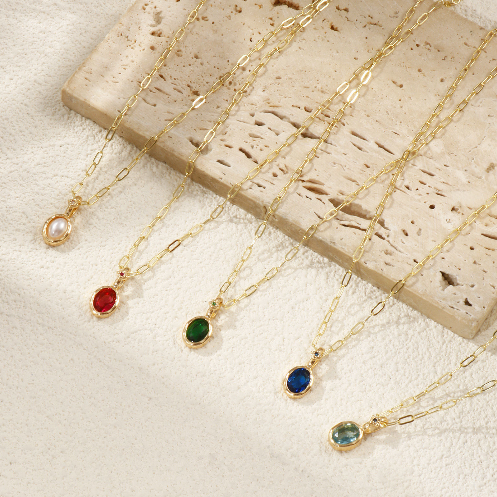 18K Real Gold Plated Paperclip Link Chain Oval Pendant Charm Necklace, Brass & Cubic Zirconia 45cm(17.7") + 5cm(2"), For Women, Dainty Birthstone Gift, Eco-friendly, 1 Piece の画像