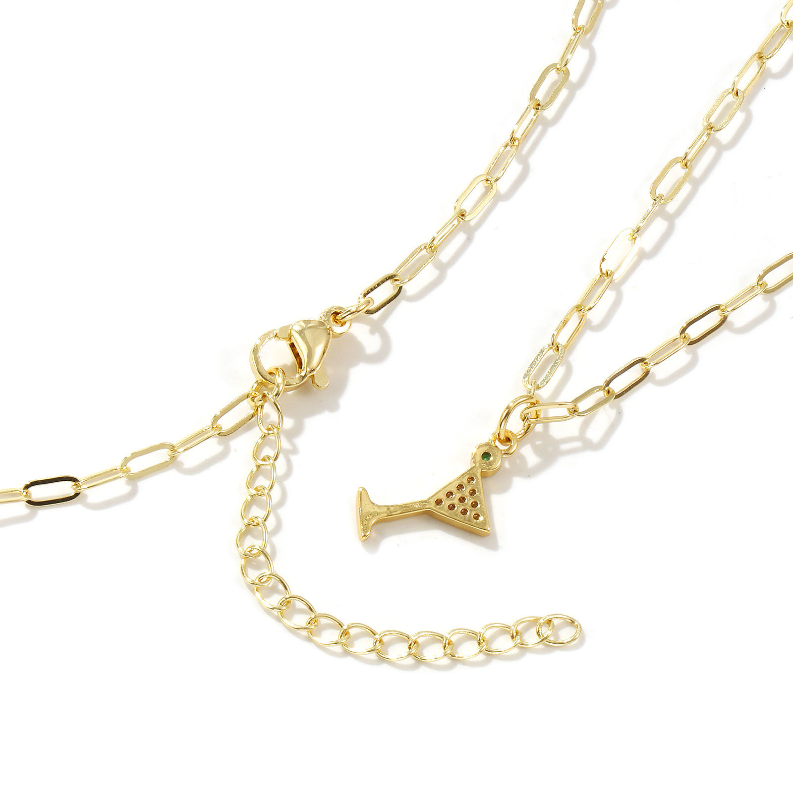 Picture of 18K Real Gold Plated Paperclip Link Chain Wine Glass Pendant Charm Necklace, Brass & Cubic Zirconia 45cm(17.7") + 5cm(2"), For Women, Micro Pave, Stylish Exquisite Gift, Eco-friendly