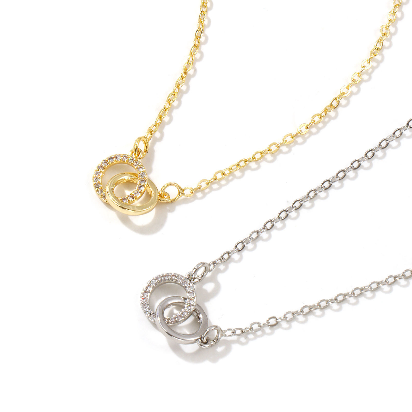 Bild von Echtgold plattiert Kreuz Gliederketten Doppelringe Anhänger Halskette, Messing 46cm + 5cm, Für Frauen, Klar Zirkonia Micro Pave, Stilvoll Exquisit Geschenk, Umweltfreundlich