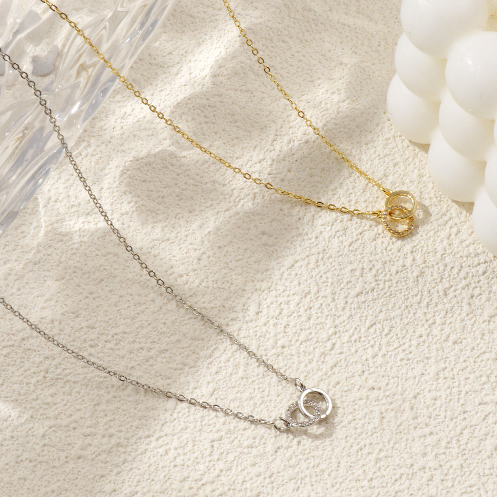 Bild von Echtgold plattiert Kreuz Gliederketten Doppelringe Anhänger Halskette, Messing 46cm + 5cm, Für Frauen, Klar Zirkonia Micro Pave, Stilvoll Exquisit Geschenk, Umweltfreundlich