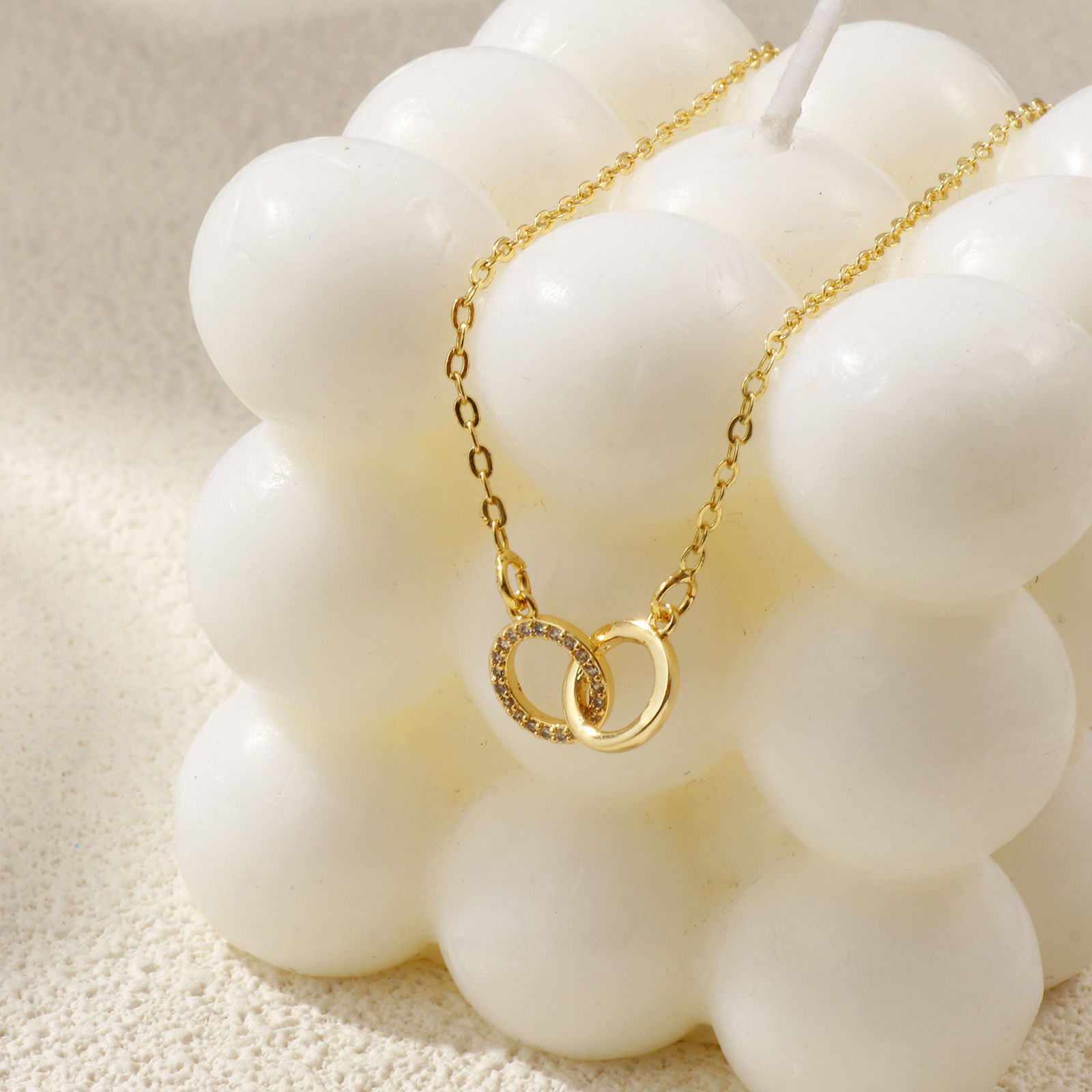 Bild von Echtgold plattiert Kreuz Gliederketten Doppelringe Anhänger Halskette, Messing 46cm + 5cm, Für Frauen, Klar Zirkonia Micro Pave, Stilvoll Exquisit Geschenk, Umweltfreundlich