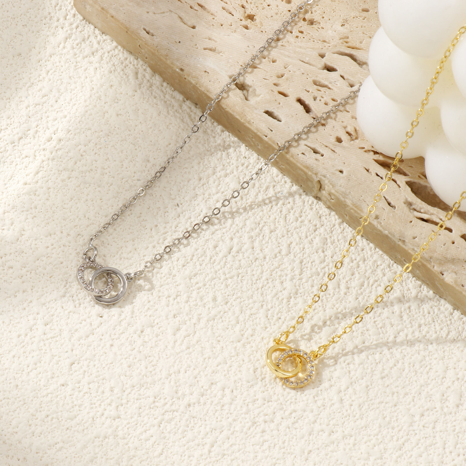 Bild von Echtgold plattiert Kreuz Gliederketten Doppelringe Anhänger Halskette, Messing 46cm + 5cm, Für Frauen, Klar Zirkonia Micro Pave, Stilvoll Exquisit Geschenk, Umweltfreundlich