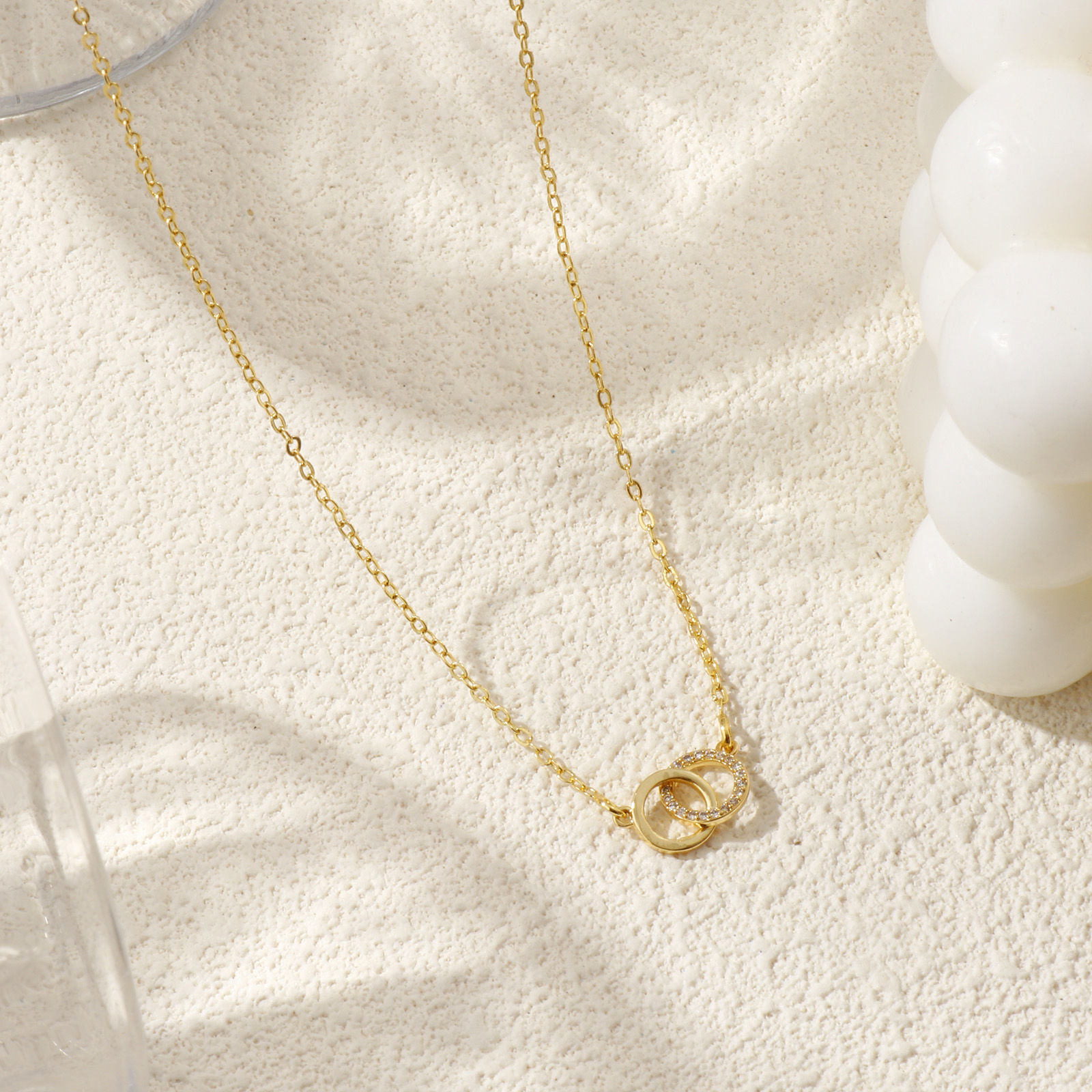 Bild von Echtgold plattiert Kreuz Gliederketten Doppelringe Anhänger Halskette, Messing 46cm + 5cm, Für Frauen, Klar Zirkonia Micro Pave, Stilvoll Exquisit Geschenk, Umweltfreundlich