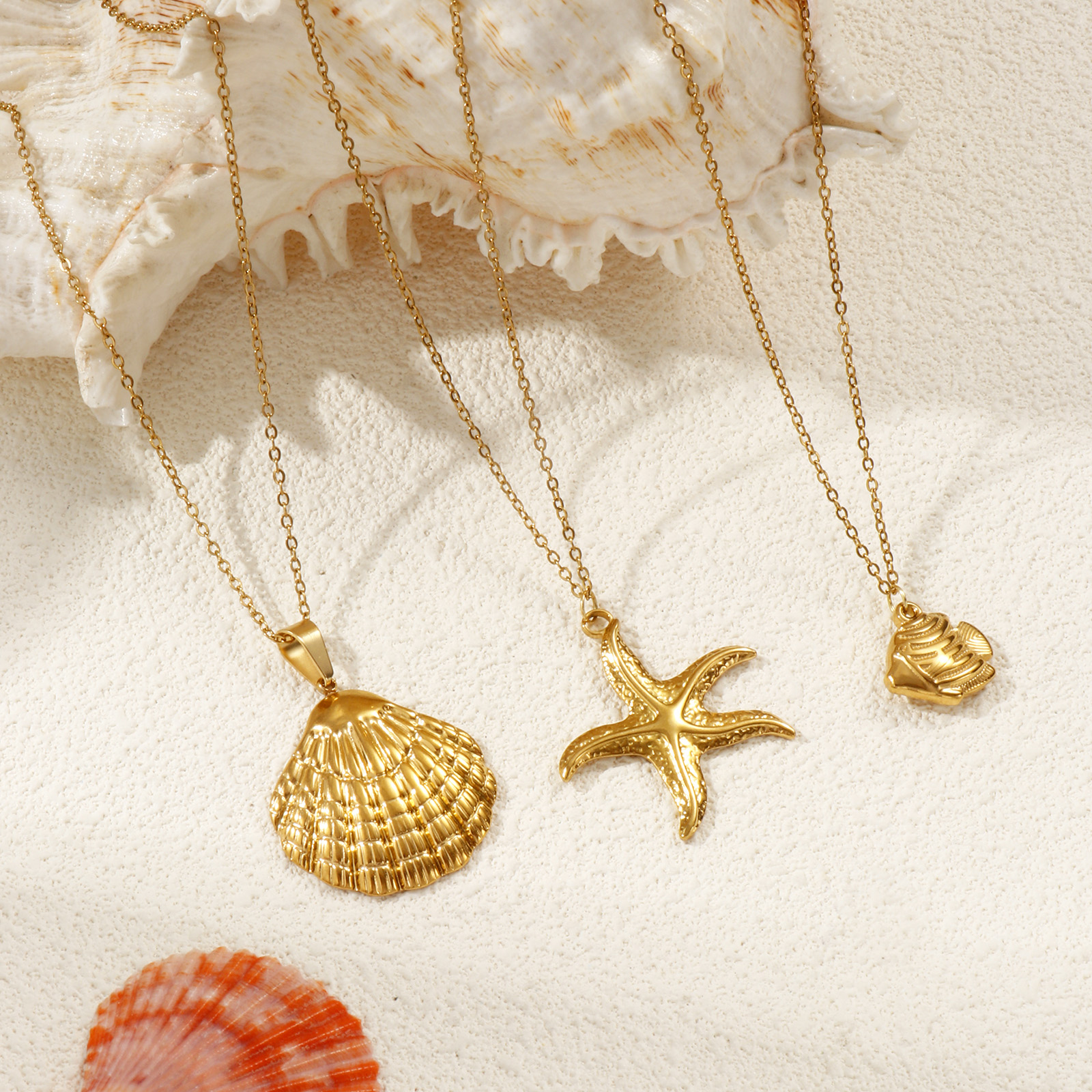 Picture of 18K Real Gold Plated Link Cable Chain Pendant Charm Necklace, 304 Stainless Steel 45cm(17.7") + 5cm(2"), For Women, Ocean Jewelry Stylish Gift, Eco-friendly PVD Vacuum Plating