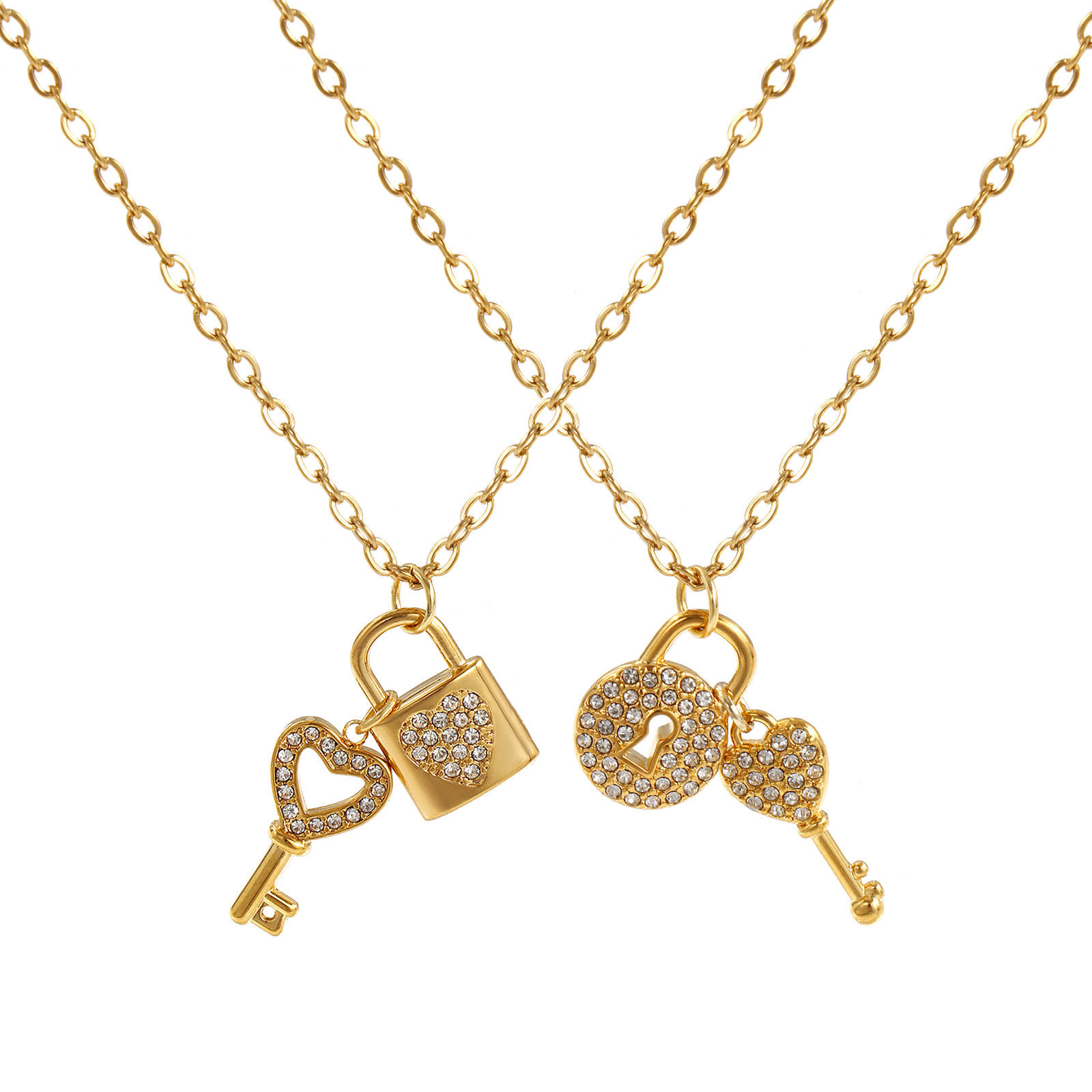 Изображение 18K Real Gold Plated Link Cable Chain Lovers Lock & Key Pendant Charm Necklace, 304 Stainless Steel 45cm(17.7") + 5cm(2"), For Women, Clear Cubic Zirconia Micro Pave, Valentine's Day Stylish Gift, Eco-friendly PVD Vacuum Plating, 1 Piece