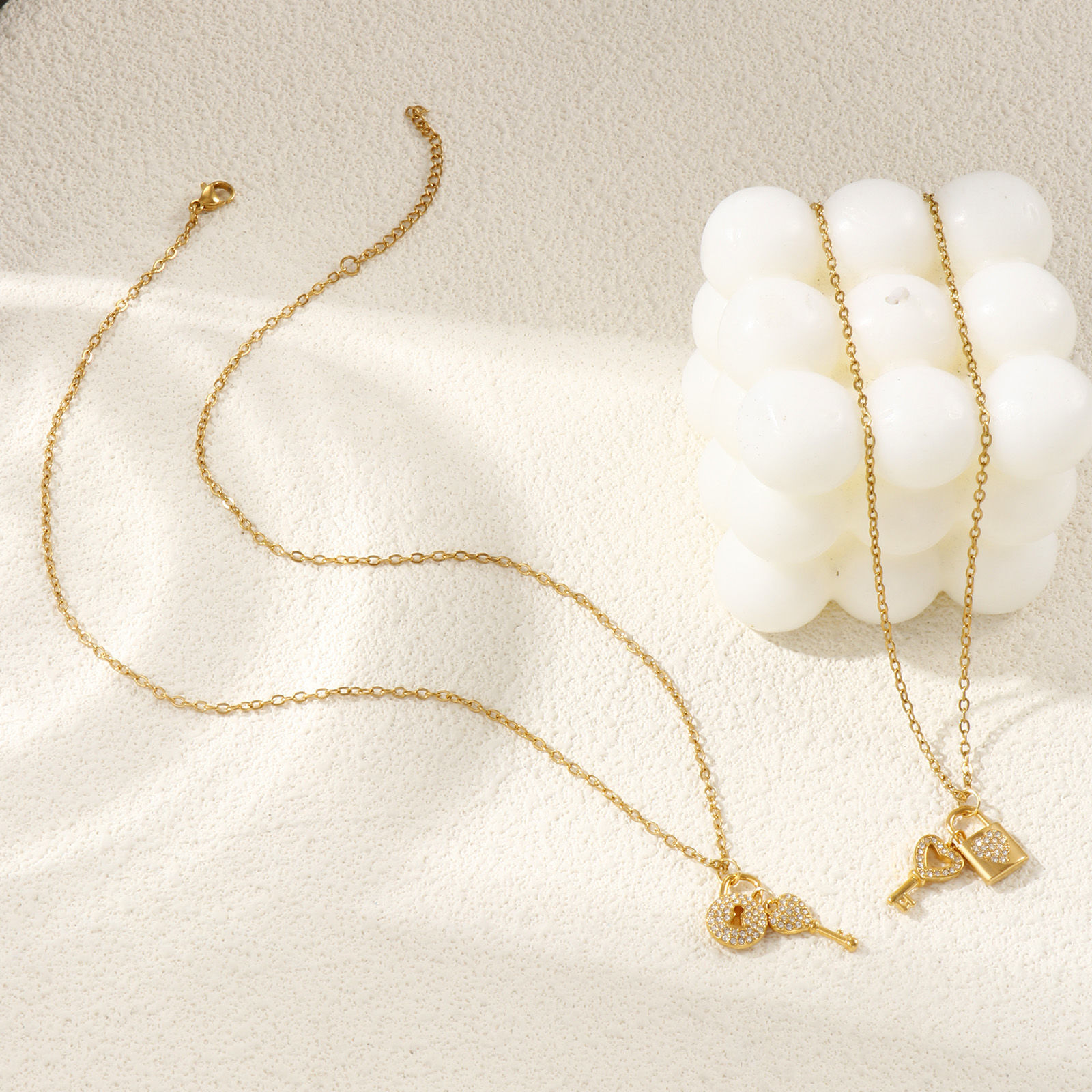 Изображение 18K Real Gold Plated Link Cable Chain Lovers Lock & Key Pendant Charm Necklace, 304 Stainless Steel 45cm(17.7") + 5cm(2"), For Women, Clear Cubic Zirconia Micro Pave, Valentine's Day Stylish Gift, Eco-friendly PVD Vacuum Plating, 1 Piece