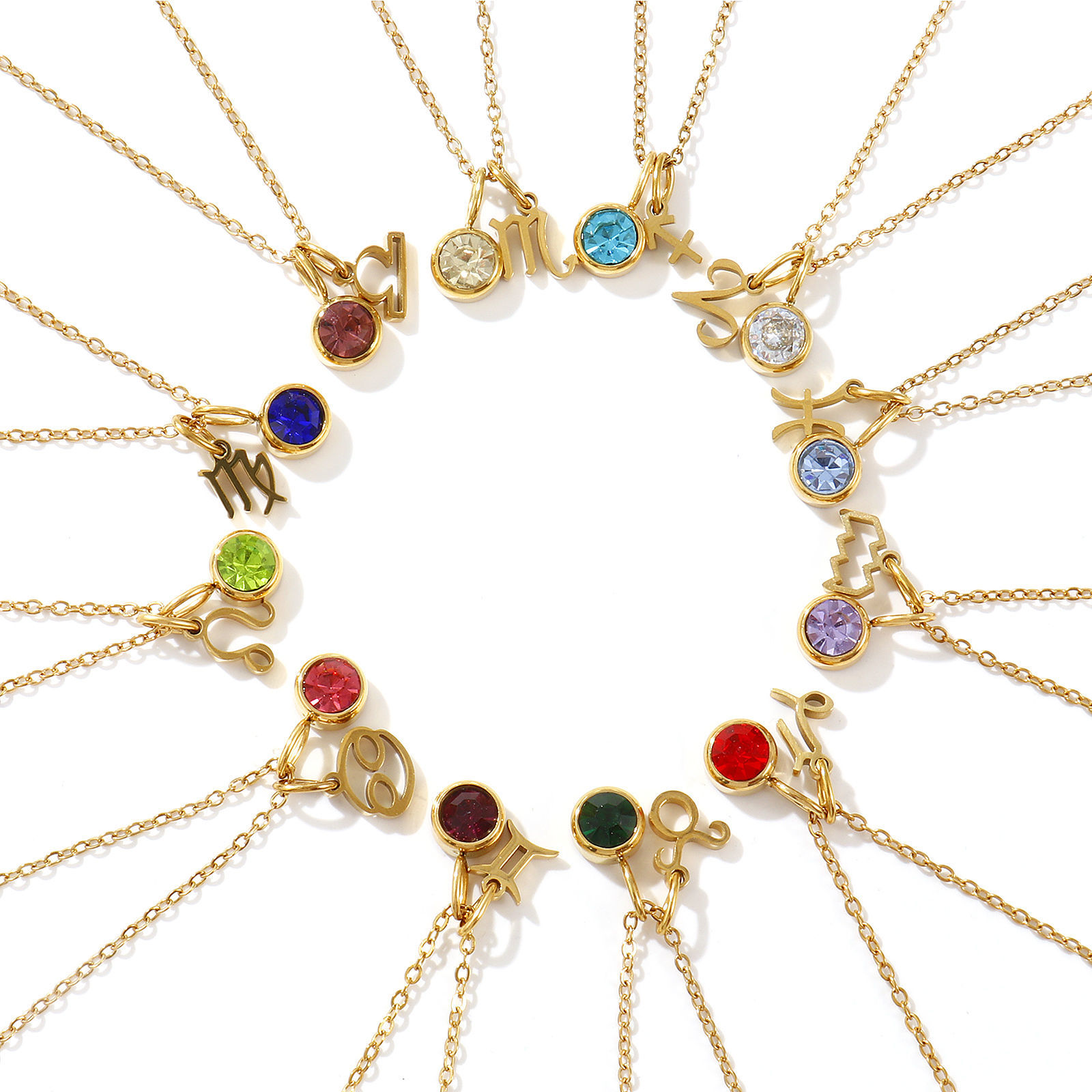 Изображение 18K настоящее золото с покрытием Кабельные Цепи Знак Зодиака Ожерелье с подвеской, 304 Из Нержавеющей Стали Горный Хрусталь 45см + 5см, Для женщин, Камень рождения Ретро подарок, Экологичное вакуумное PVD-покрытие, 1 ШТ
