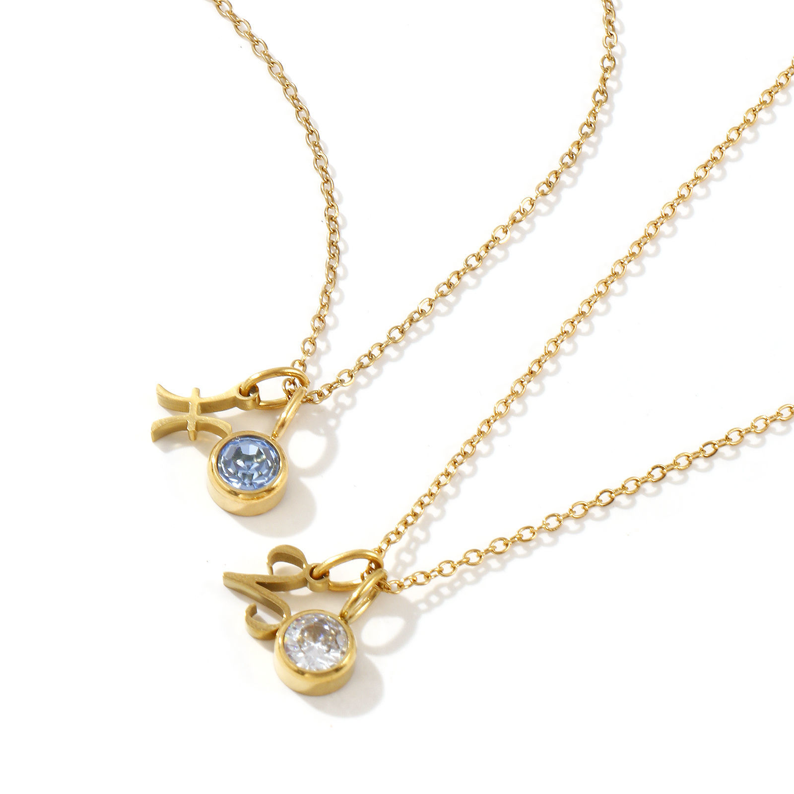 Изображение 18K настоящее золото с покрытием Кабельные Цепи Знак Зодиака Ожерелье с подвеской, 304 Из Нержавеющей Стали Горный Хрусталь 45см + 5см, Для женщин, Камень рождения Ретро подарок, Экологичное вакуумное PVD-покрытие, 1 ШТ